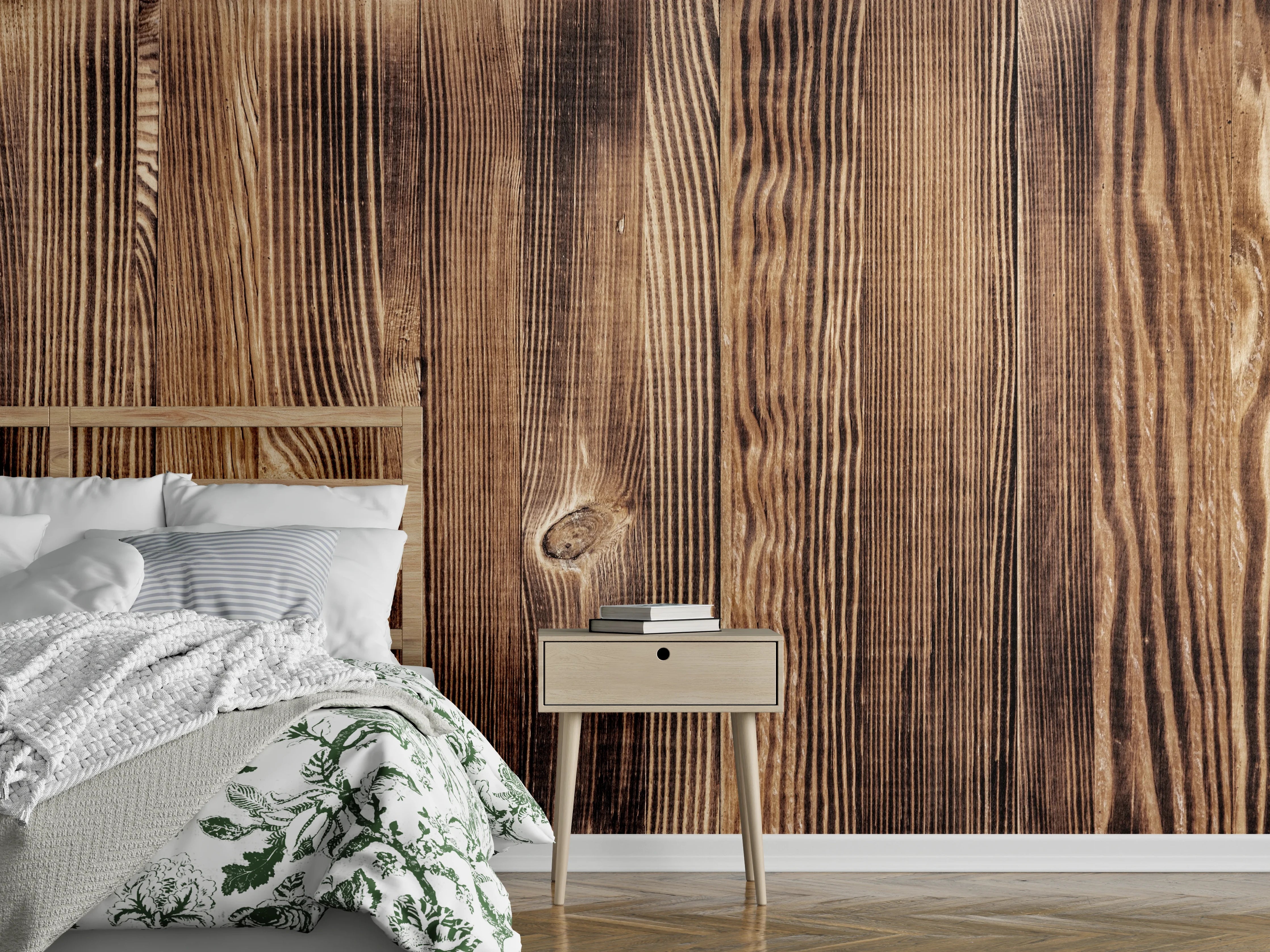 Wandverkleidung Schlafzimmer - Angebrannte Naturholzplatte