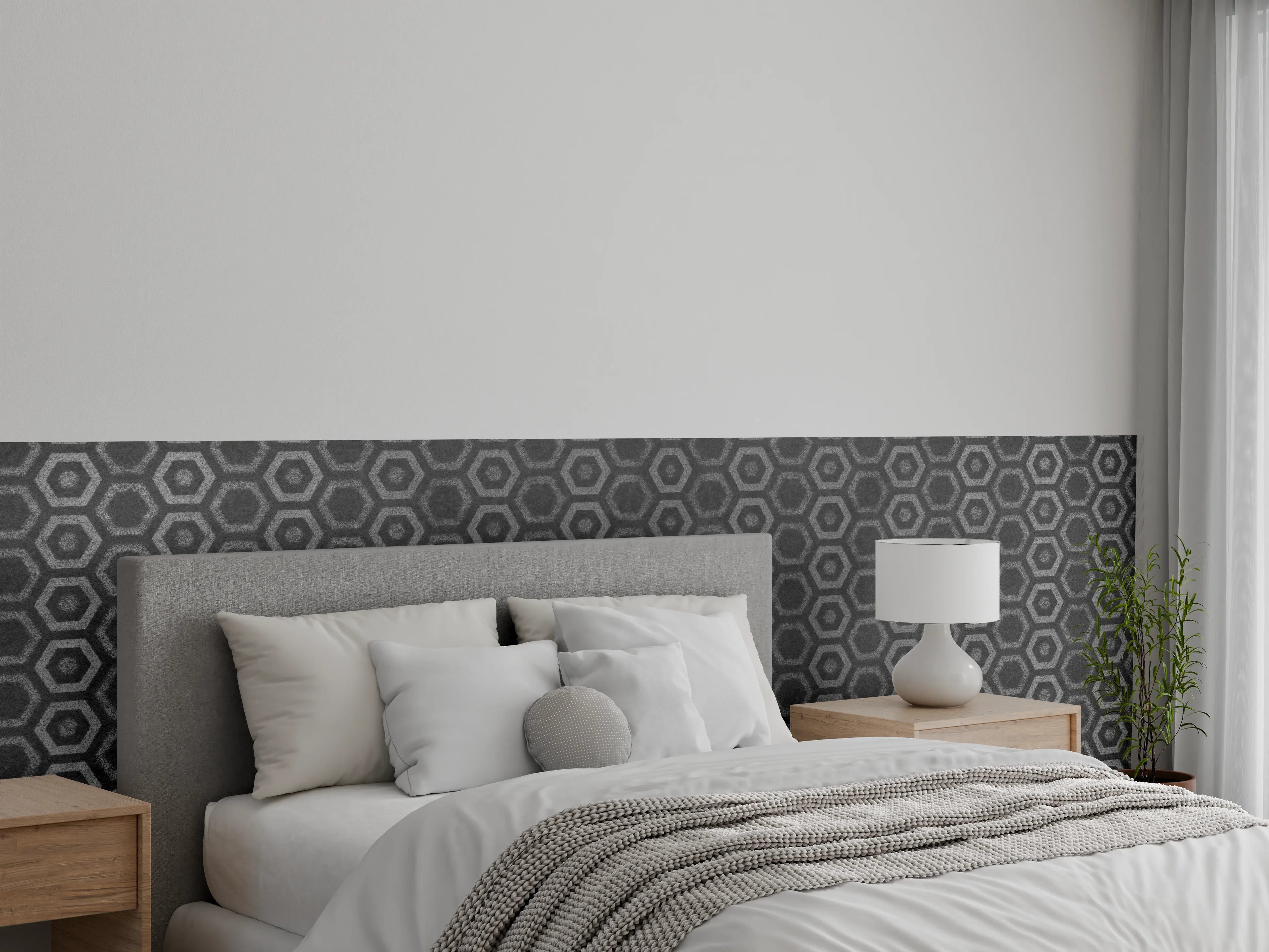 Wandverkleidung Schlafzimmer - Anthrazit graue sechseckige Mustern