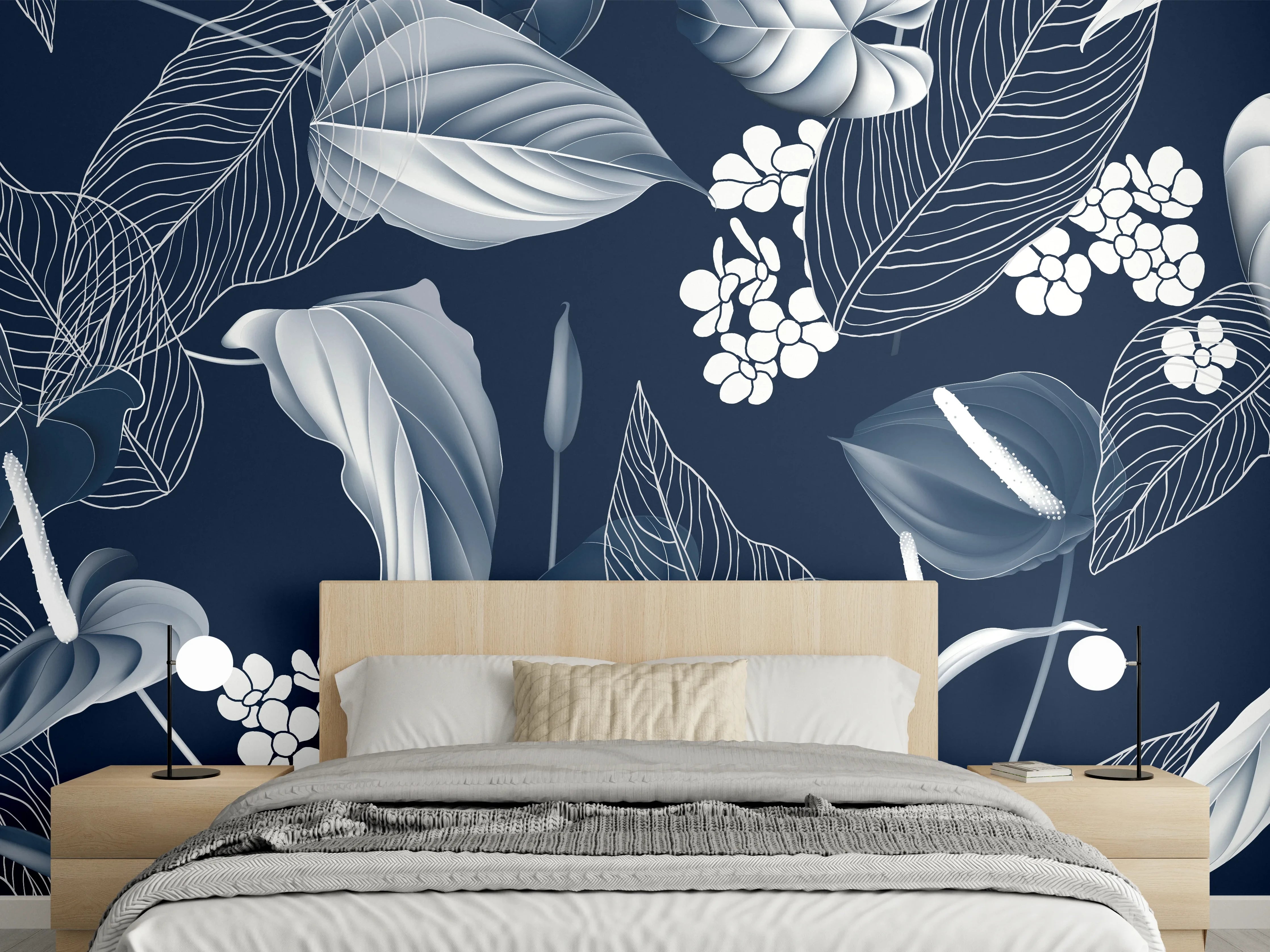Wandverkleidung Schlafzimmer - Anthurium Blumen Dunkelblau Muster