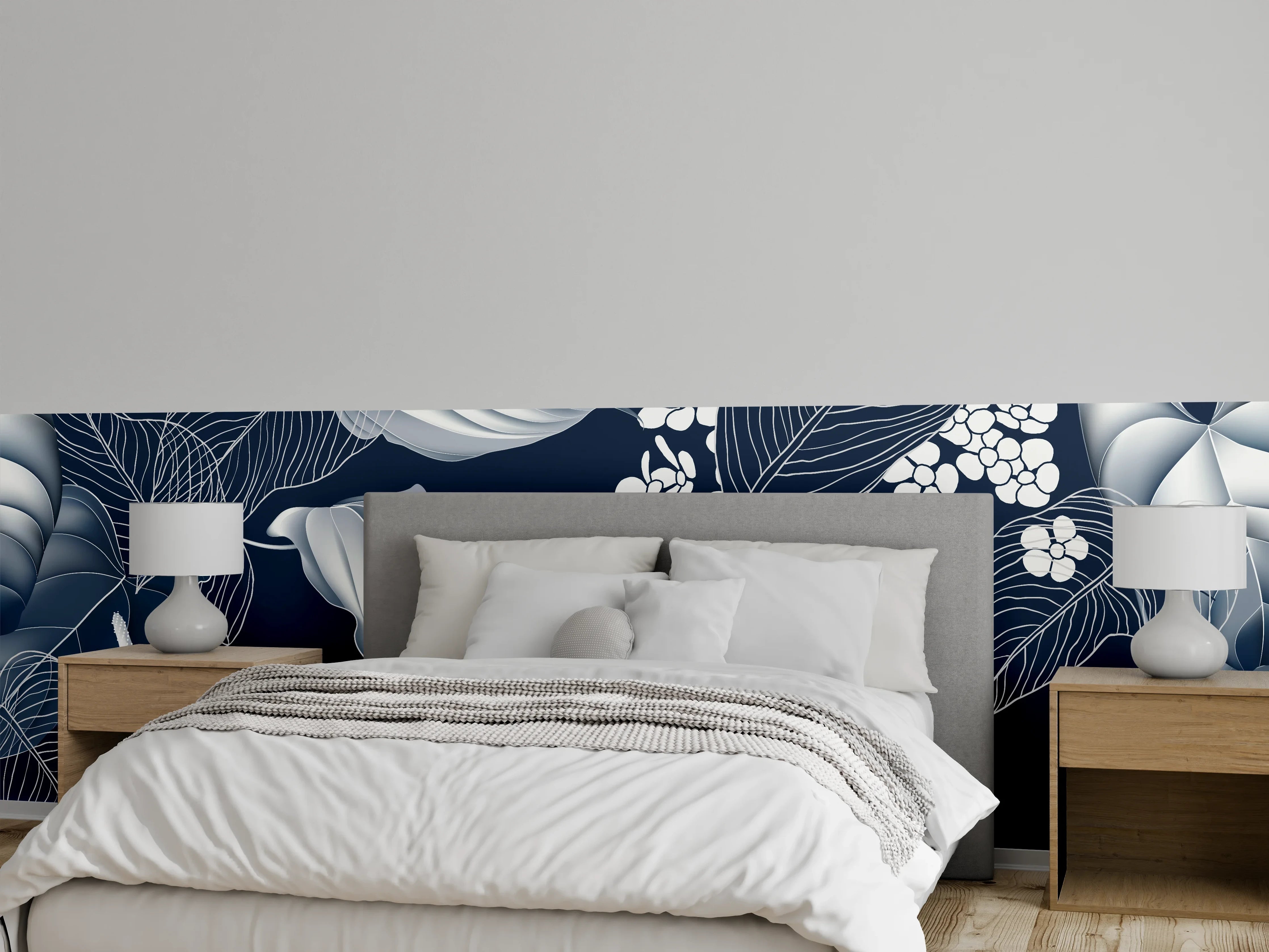 Wandverkleidung Schlafzimmer - Anthurium Blumen Dunkelblau Muster