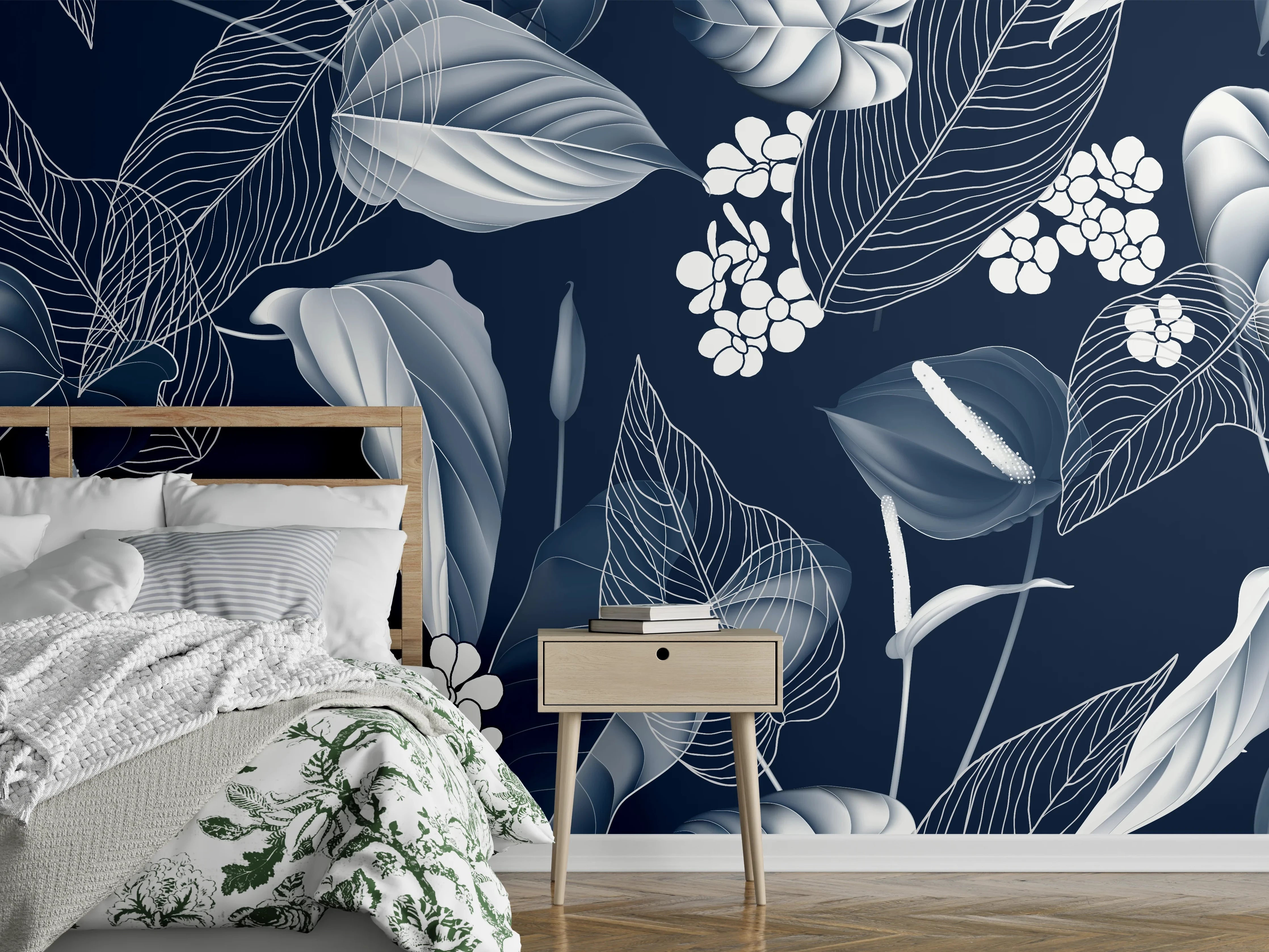 Wandverkleidung Schlafzimmer - Anthurium Blumen Dunkelblau Muster