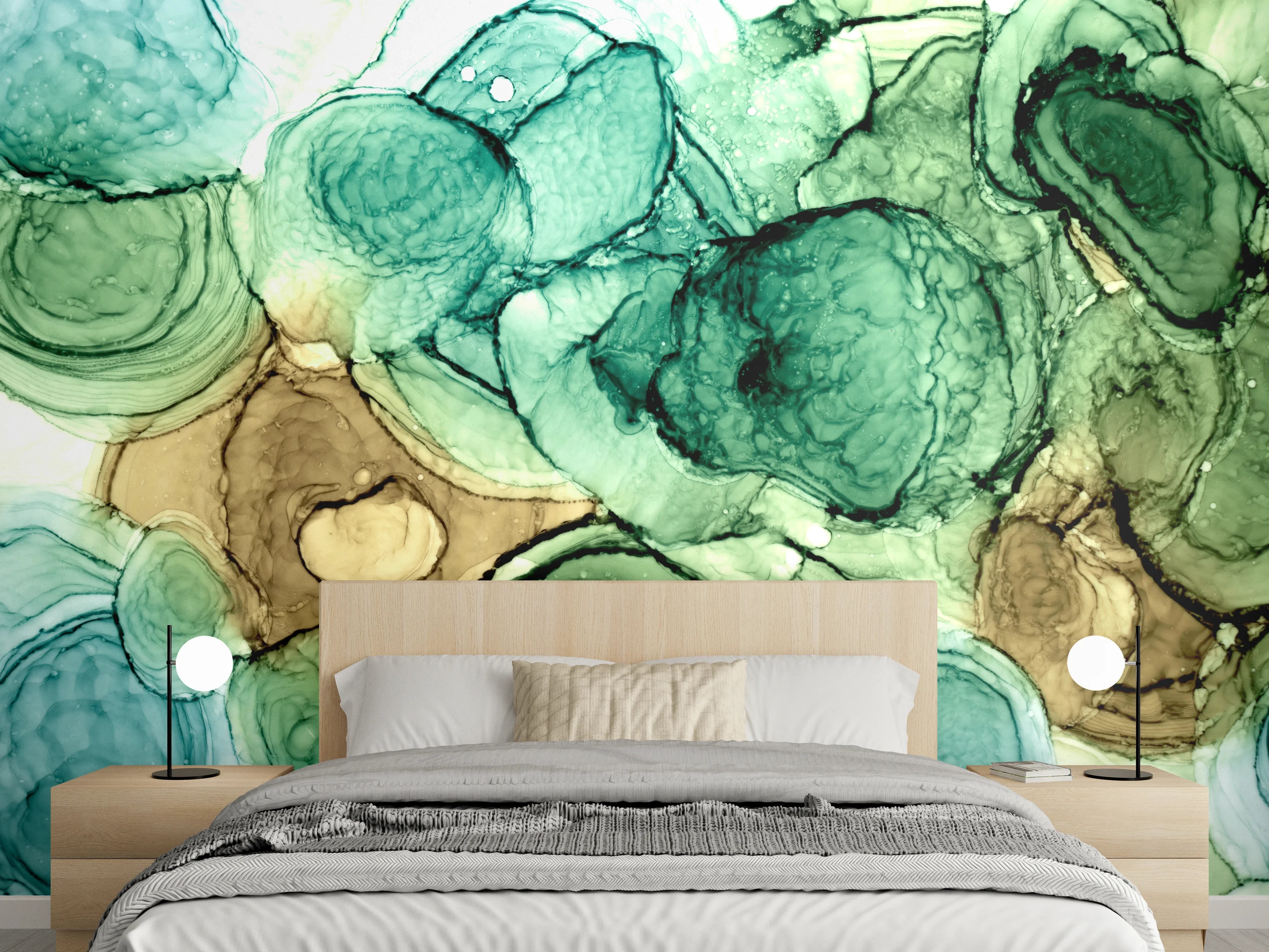Wandverkleidung Schlafzimmer - Aquarell Abstrakt Grün Beige Braun