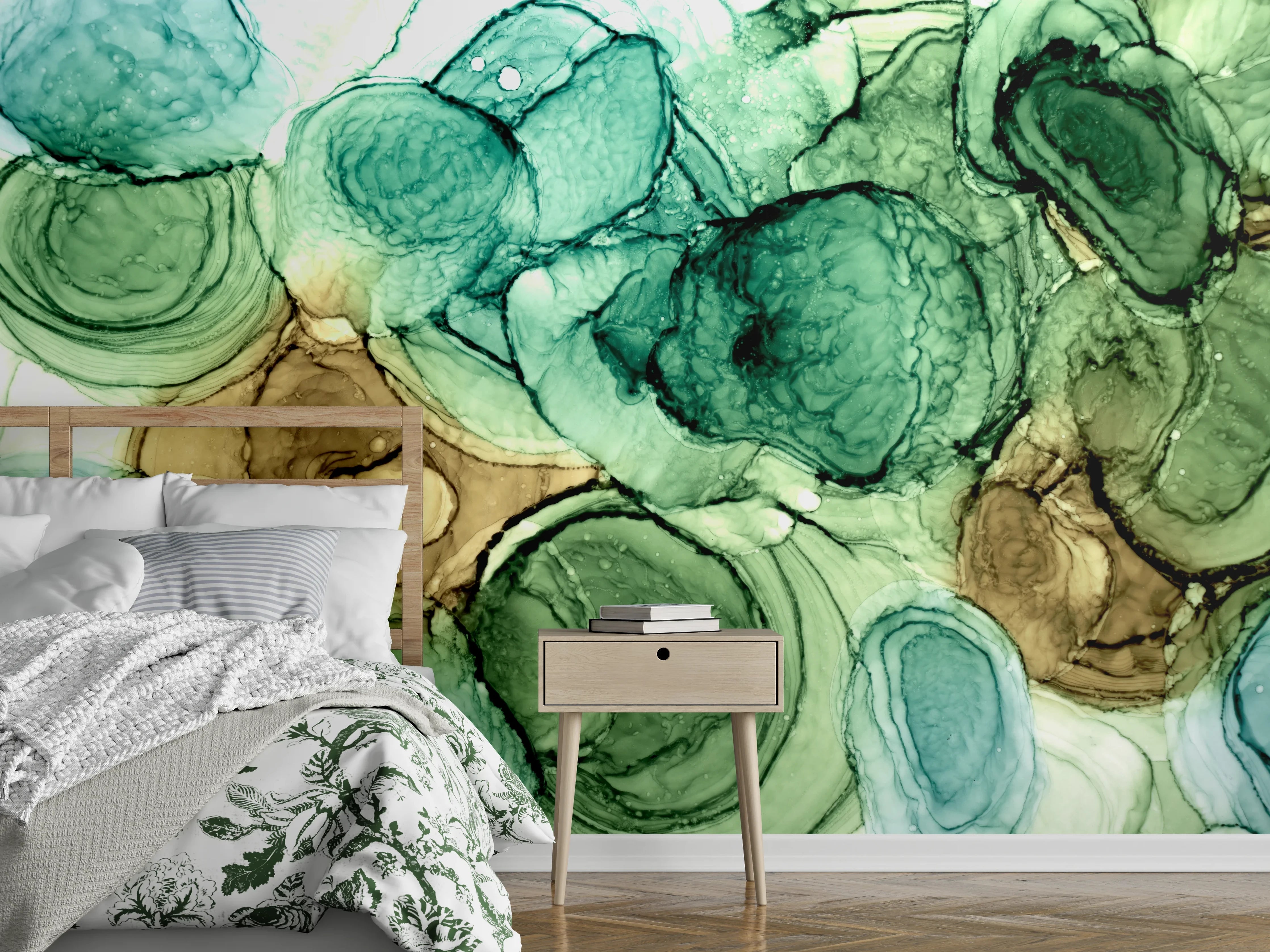 Wandverkleidung Schlafzimmer - Aquarell Abstrakt Grün Beige Braun