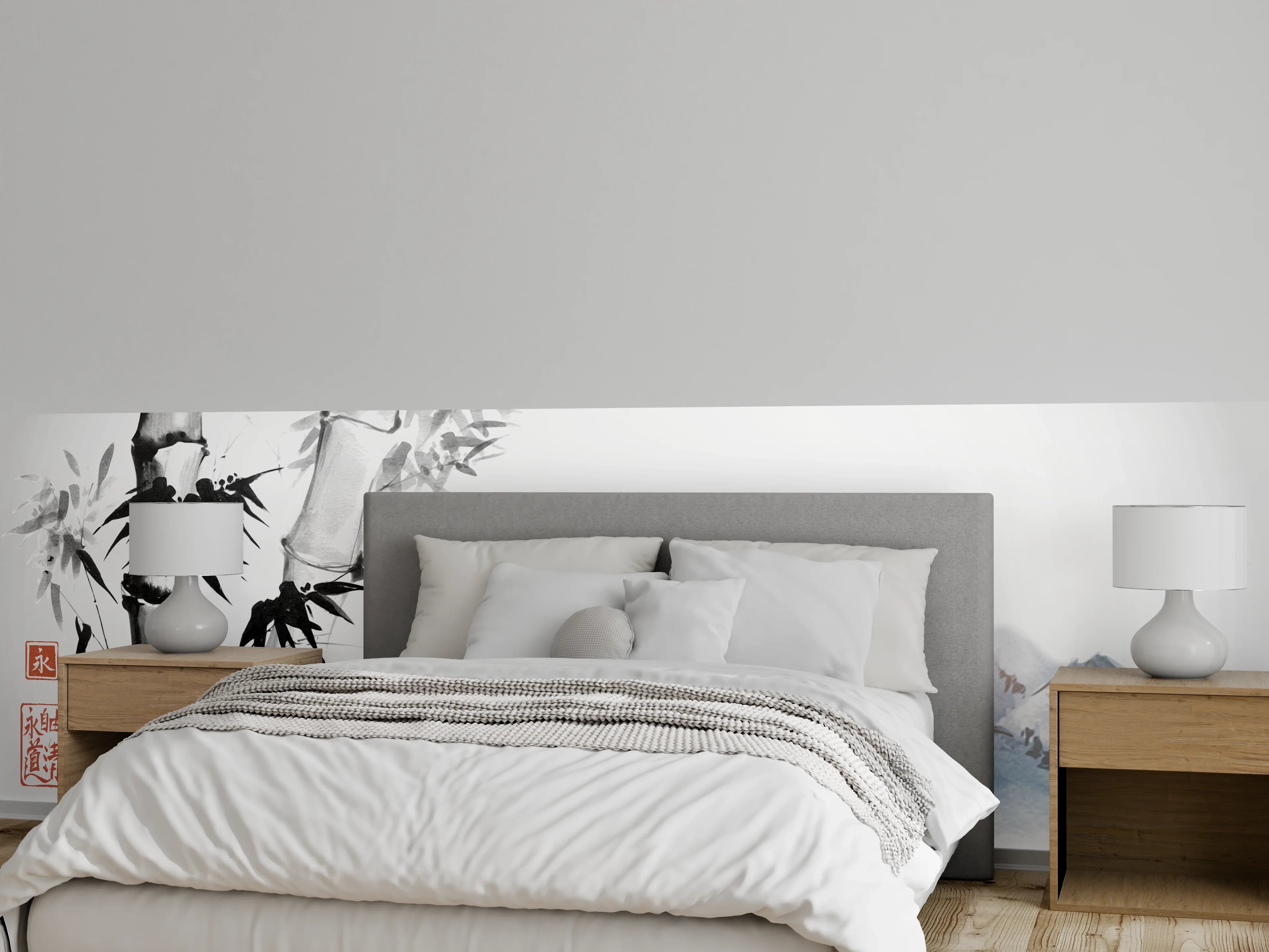 Wandverkleidung Schlafzimmer - Aquarell-Bambus und Berge Schwarz-Weiß