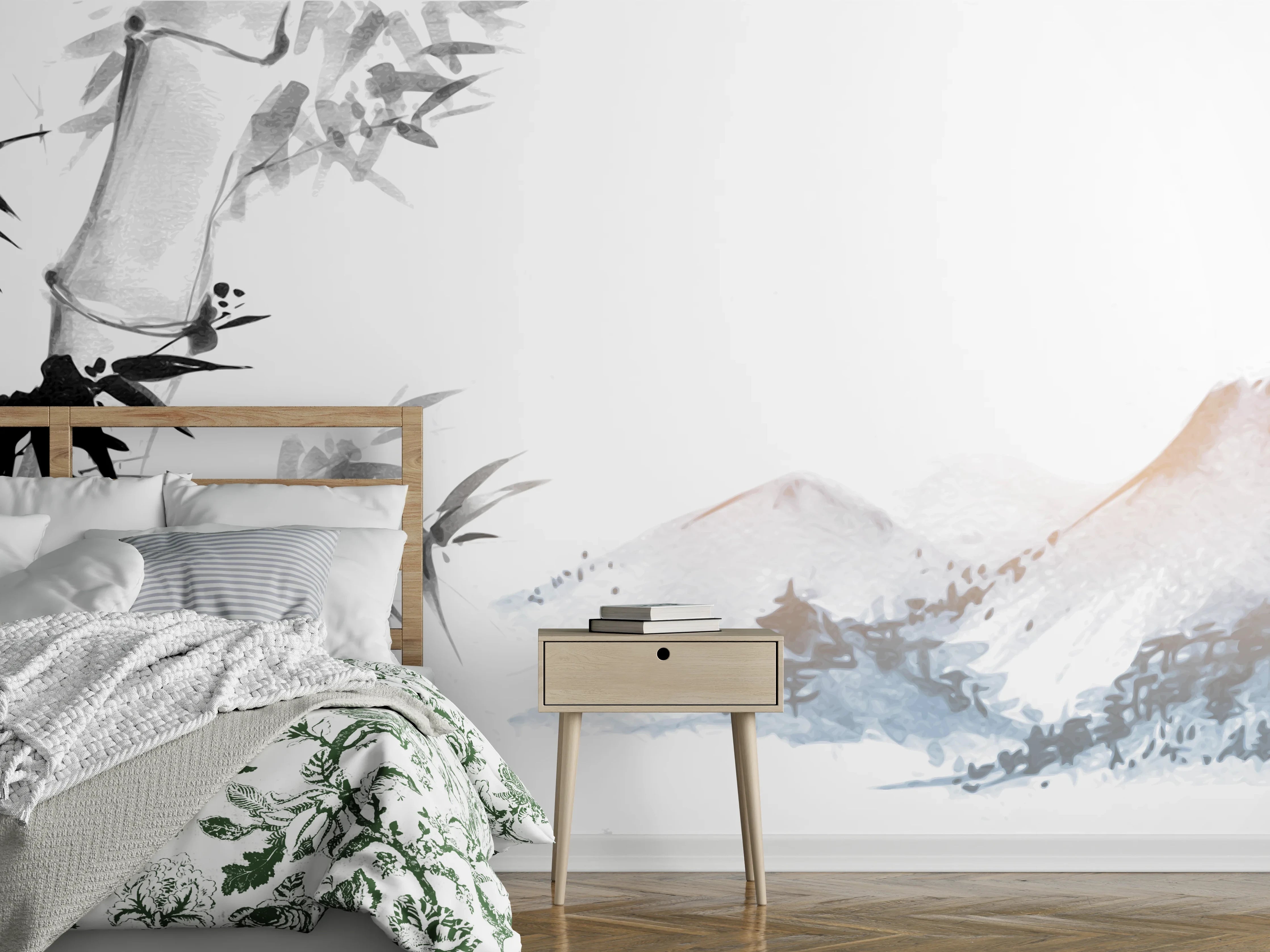 Wandverkleidung Schlafzimmer - Aquarell-Bambus und Berge Schwarz-Weiß