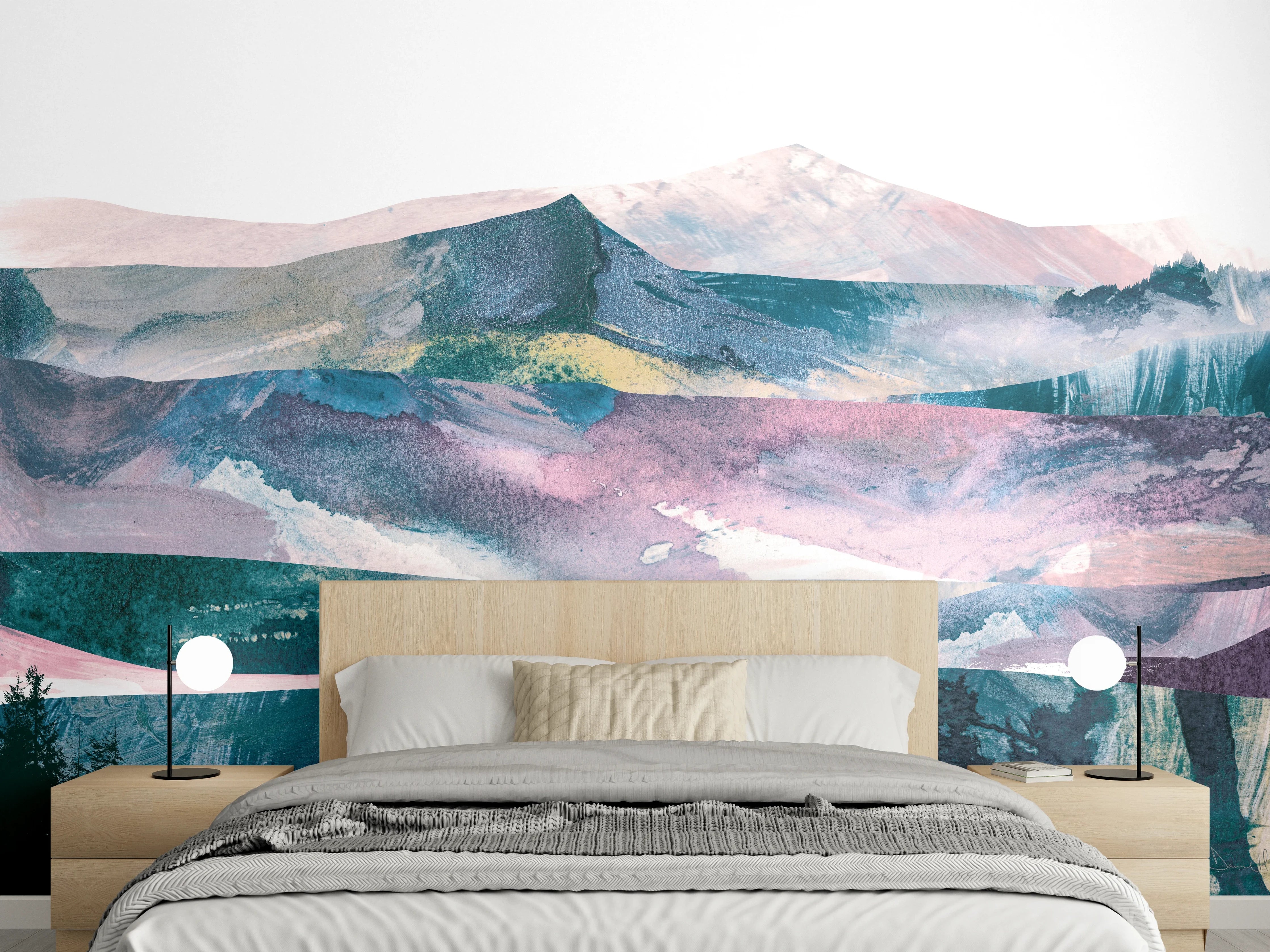 Wandverkleidung Schlafzimmer - Aquarell-Berglandschaft in sanften Farben