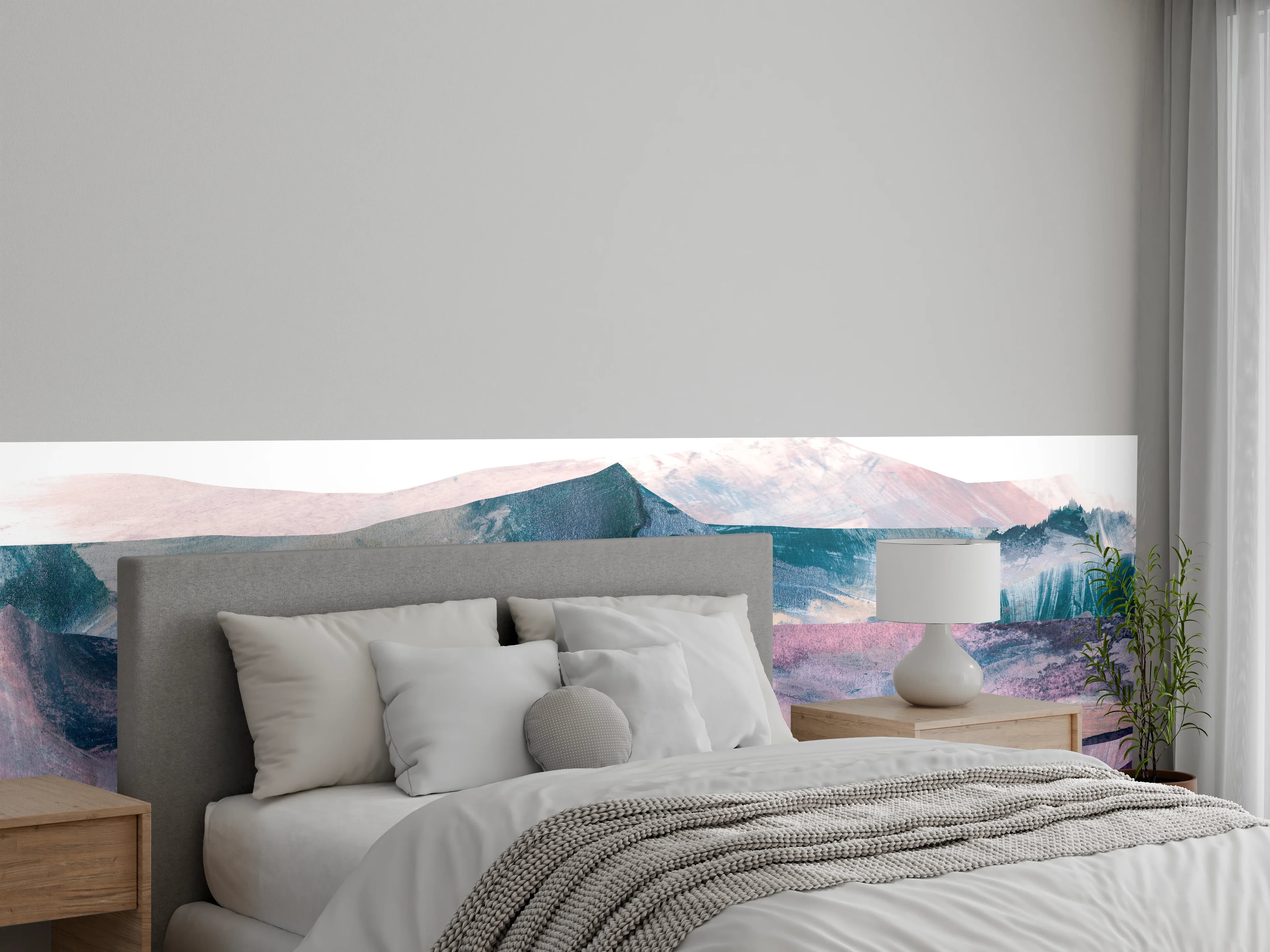 Wandverkleidung Schlafzimmer - Aquarell-Berglandschaft in sanften Farben