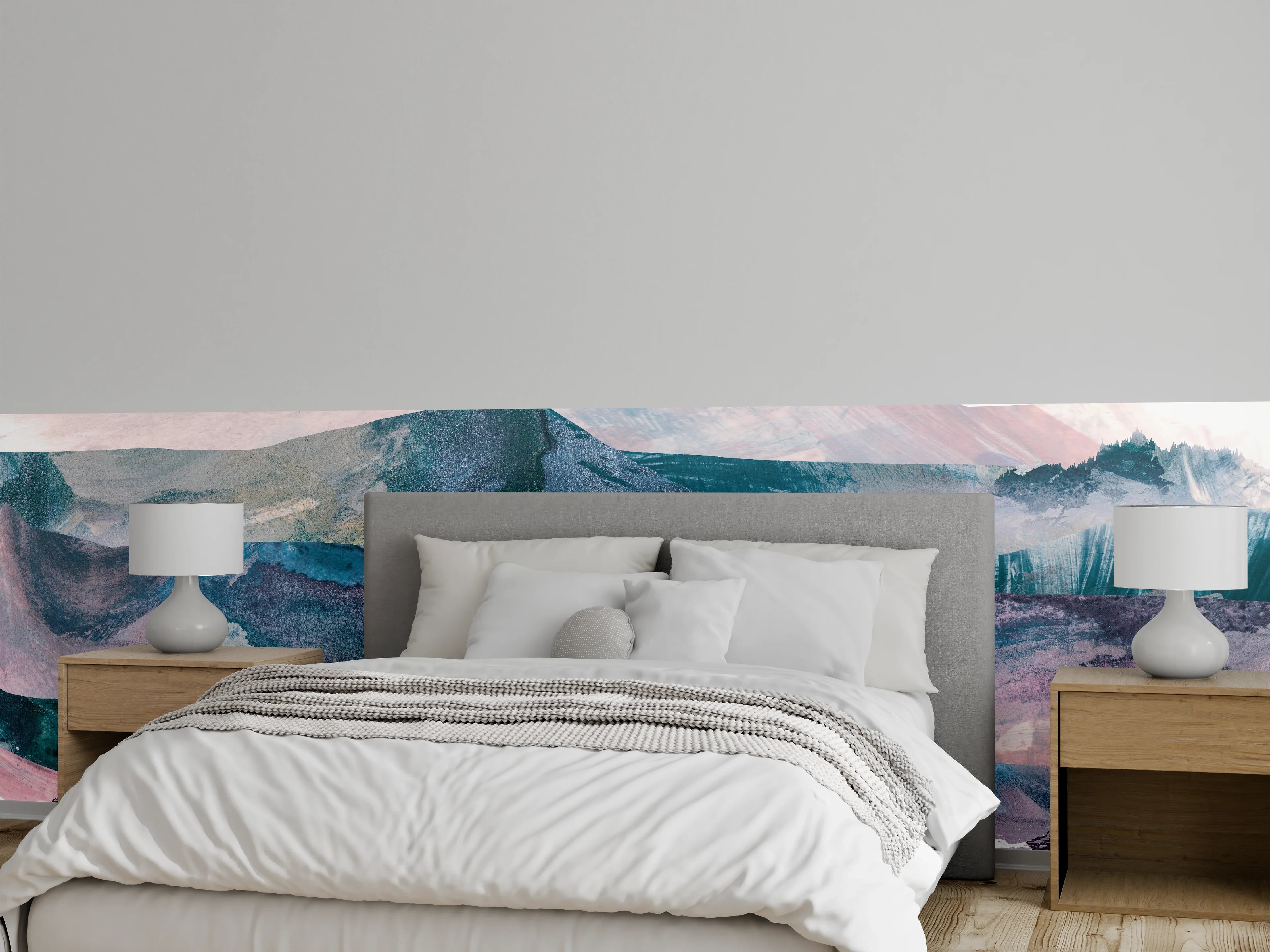 Wandverkleidung Schlafzimmer - Aquarell-Berglandschaft in sanften Farben