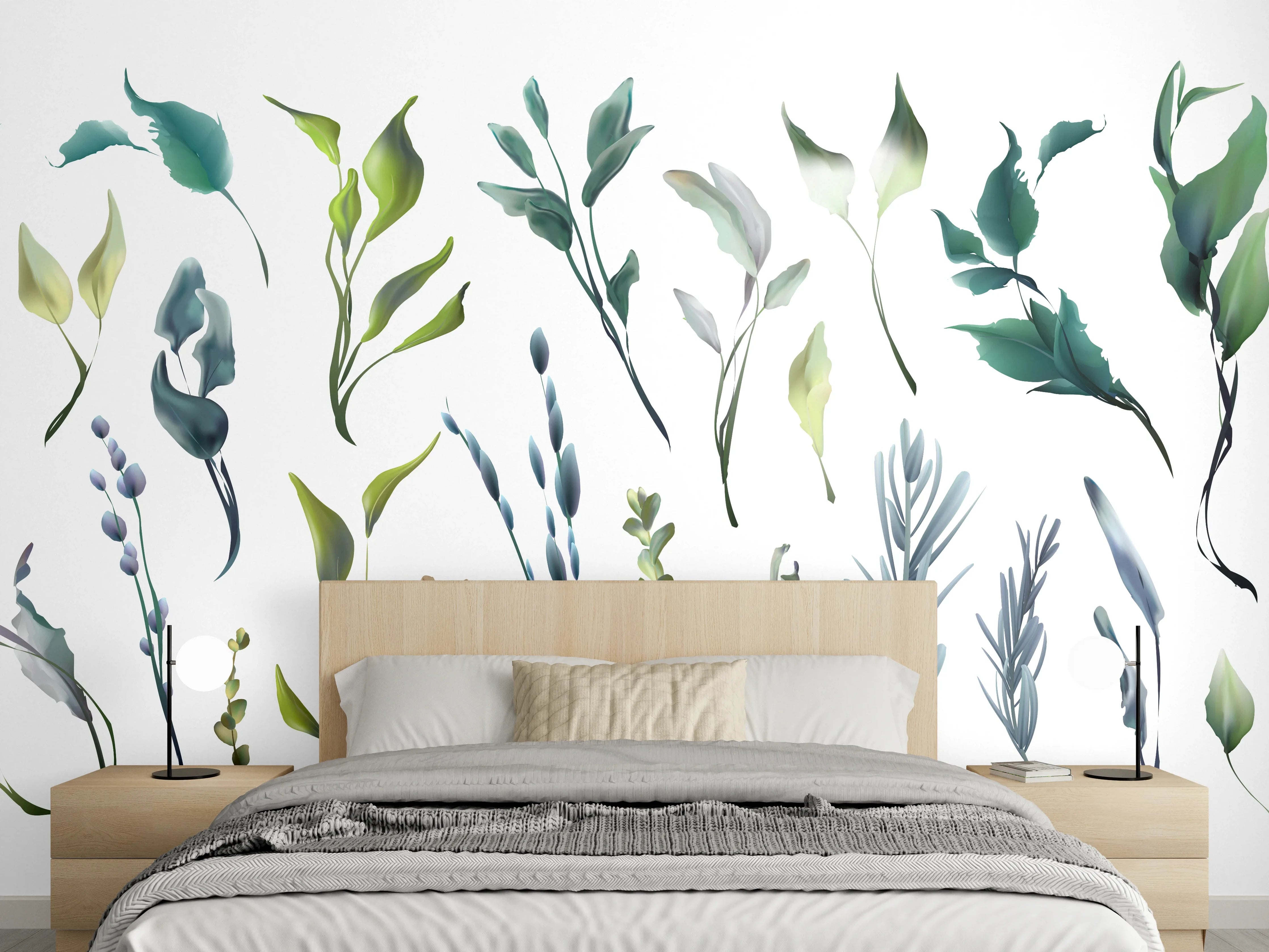 Wandverkleidung Schlafzimmer - Aquarell Blätter Silhouetten Set