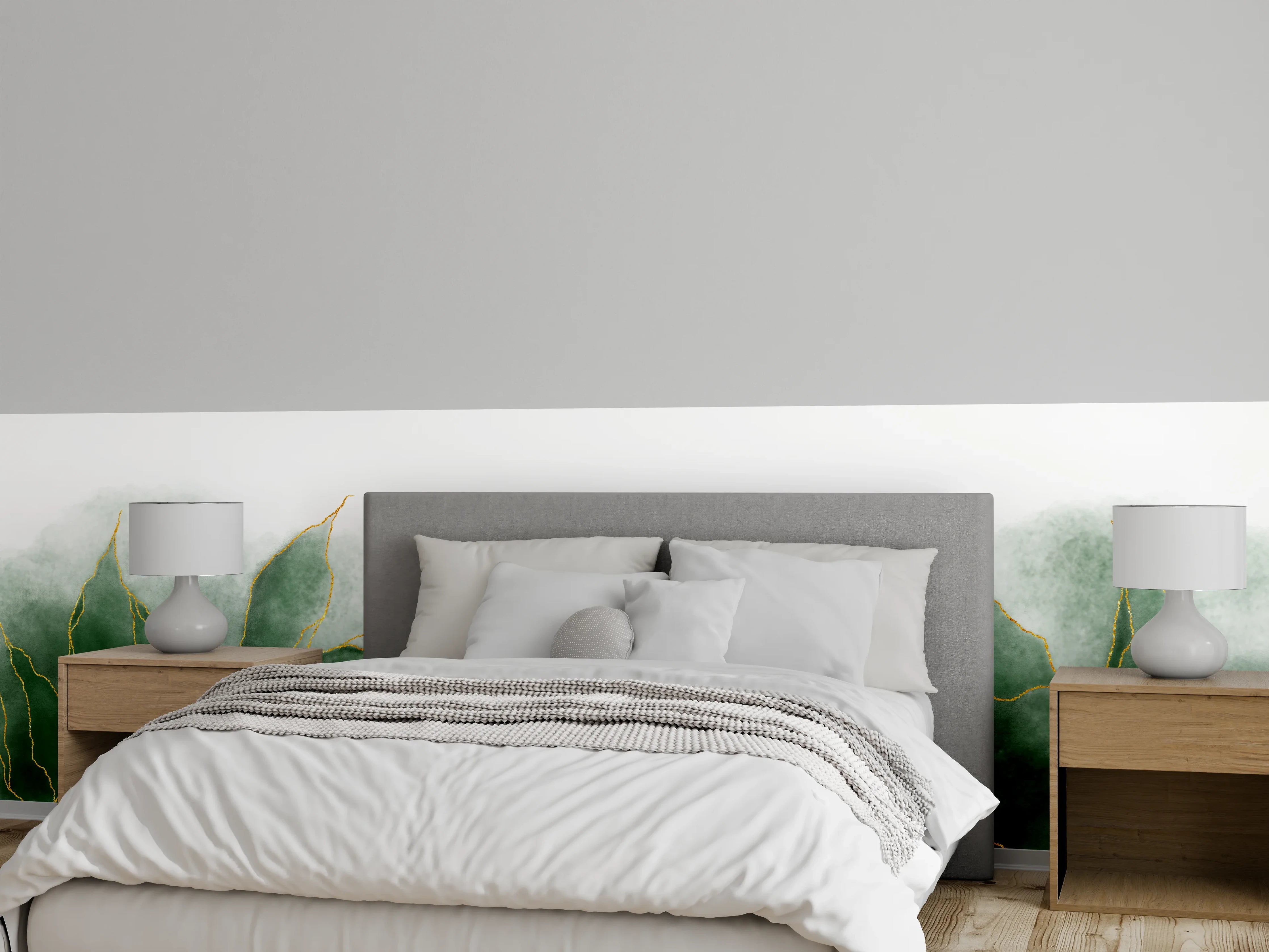 Wandverkleidung Schlafzimmer - Aquarell Blätter mit Gold-Akzent