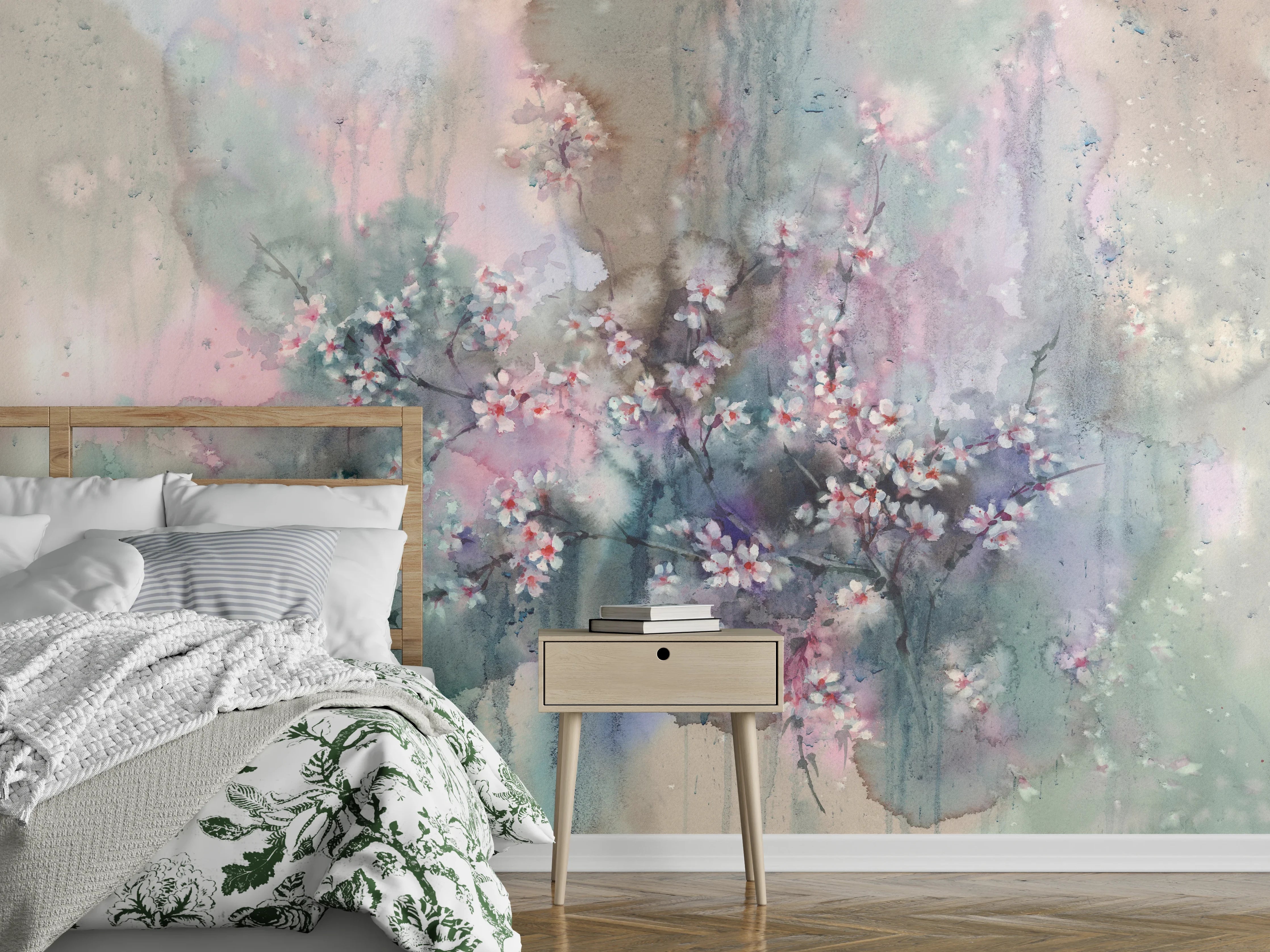 Wandverkleidung Schlafzimmer - Aquarell Blütenzweig Pastell Wandbild