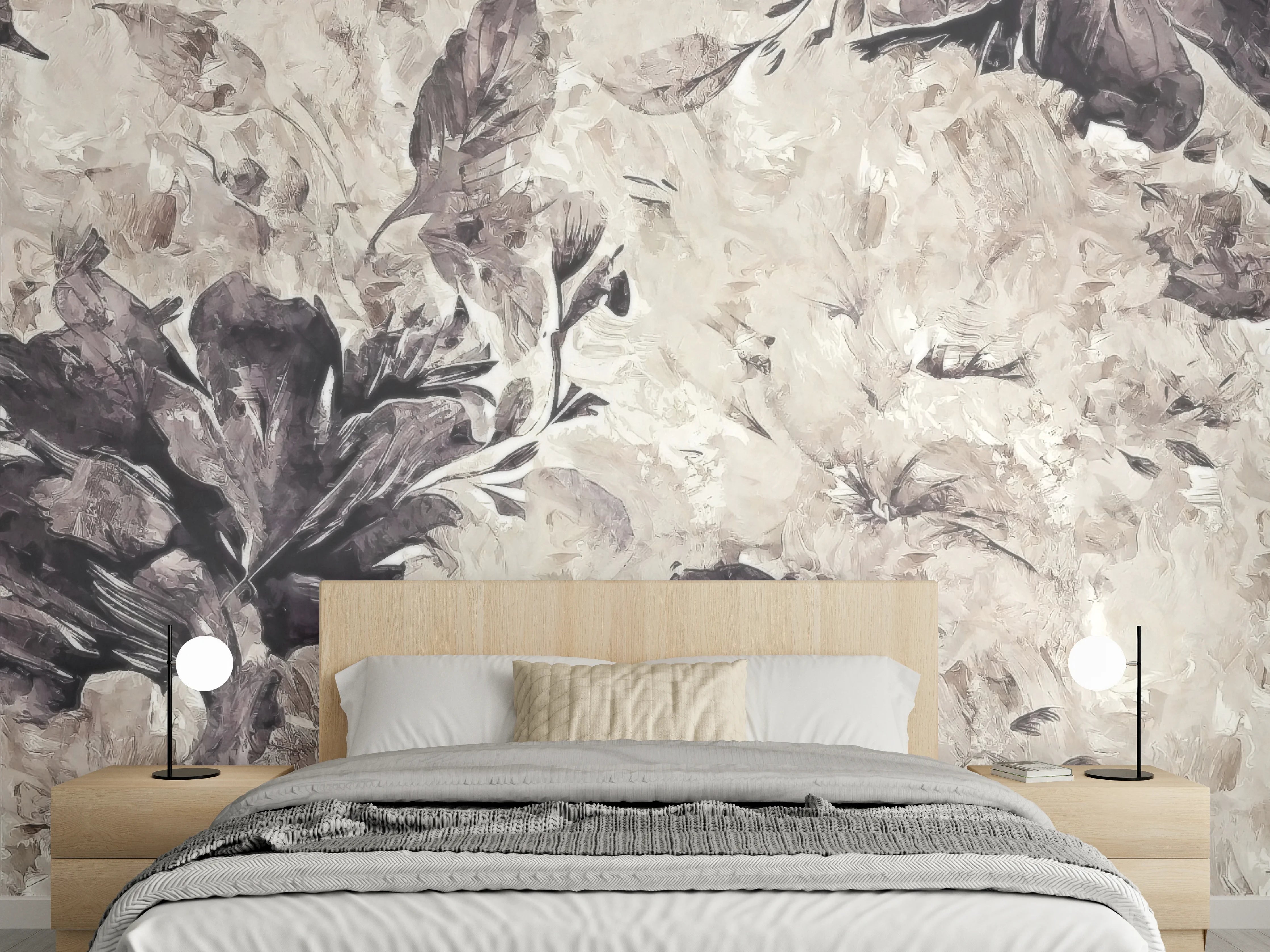 Wandverkleidung Schlafzimmer - Aquarell Blumen Beige Grau Wandbild