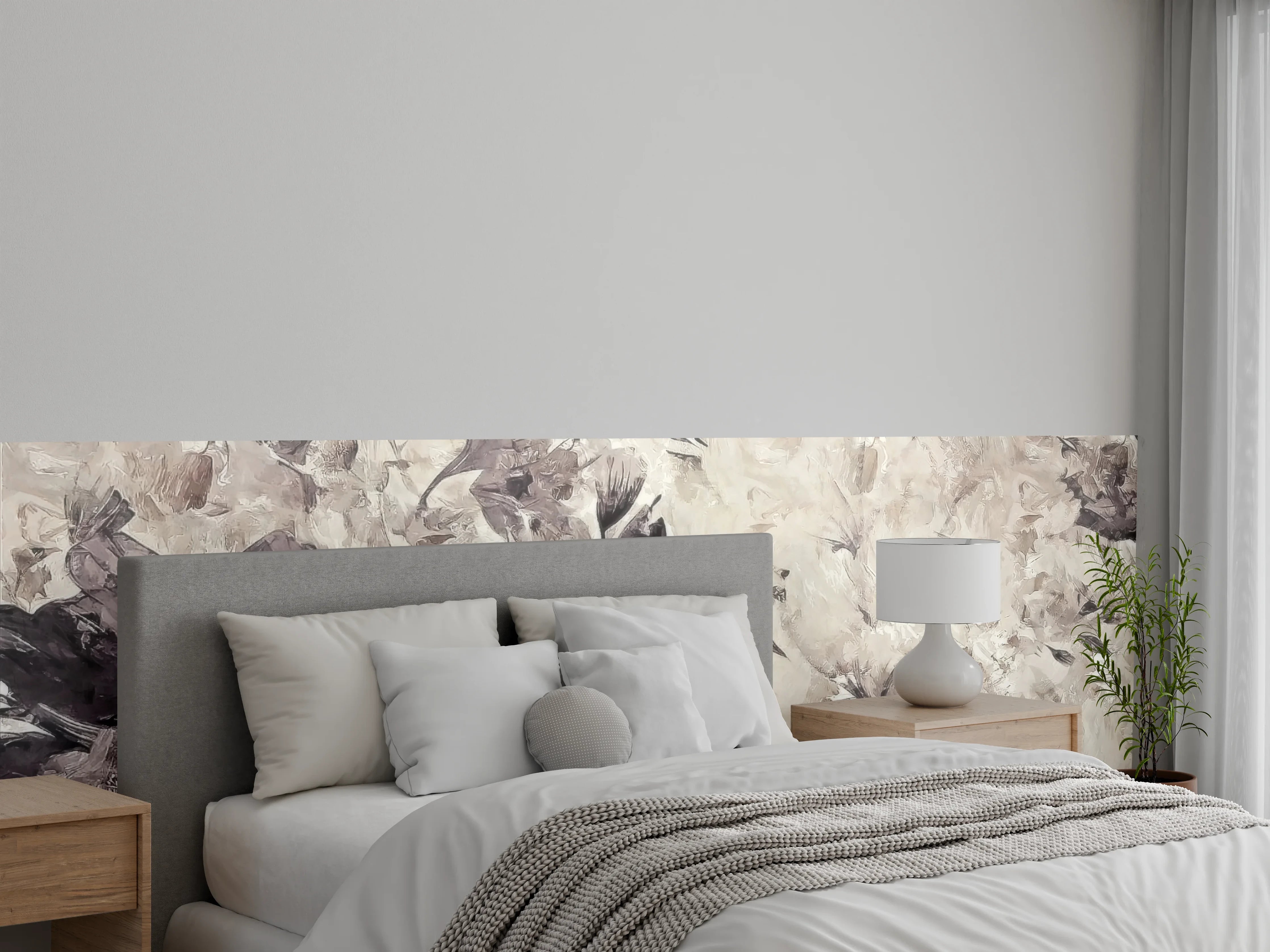 Wandverkleidung Schlafzimmer - Aquarell Blumen Beige Grau Wandbild