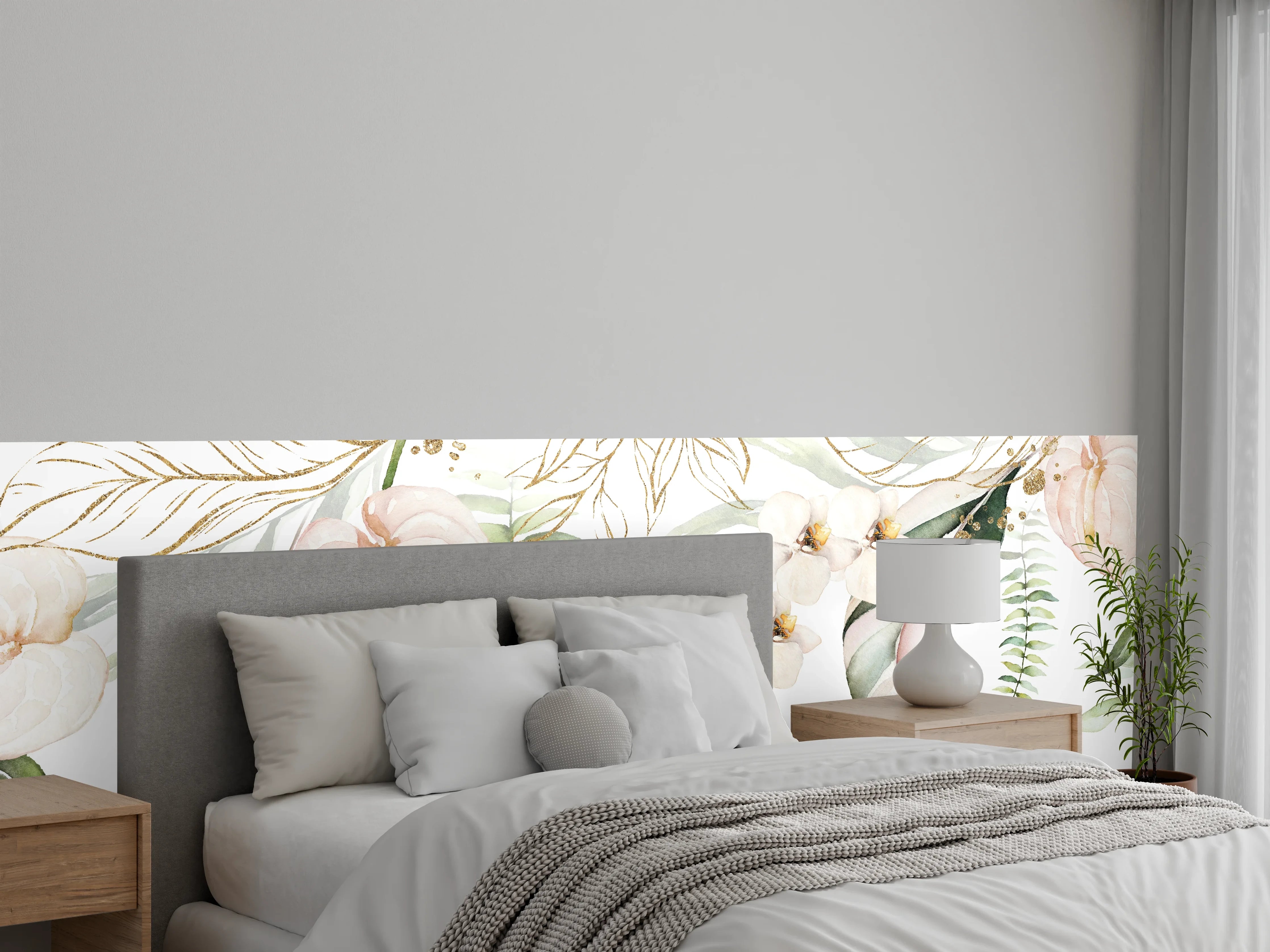 Wandverkleidung Schlafzimmer - Aquarell Blumen Beige Grün Weiß