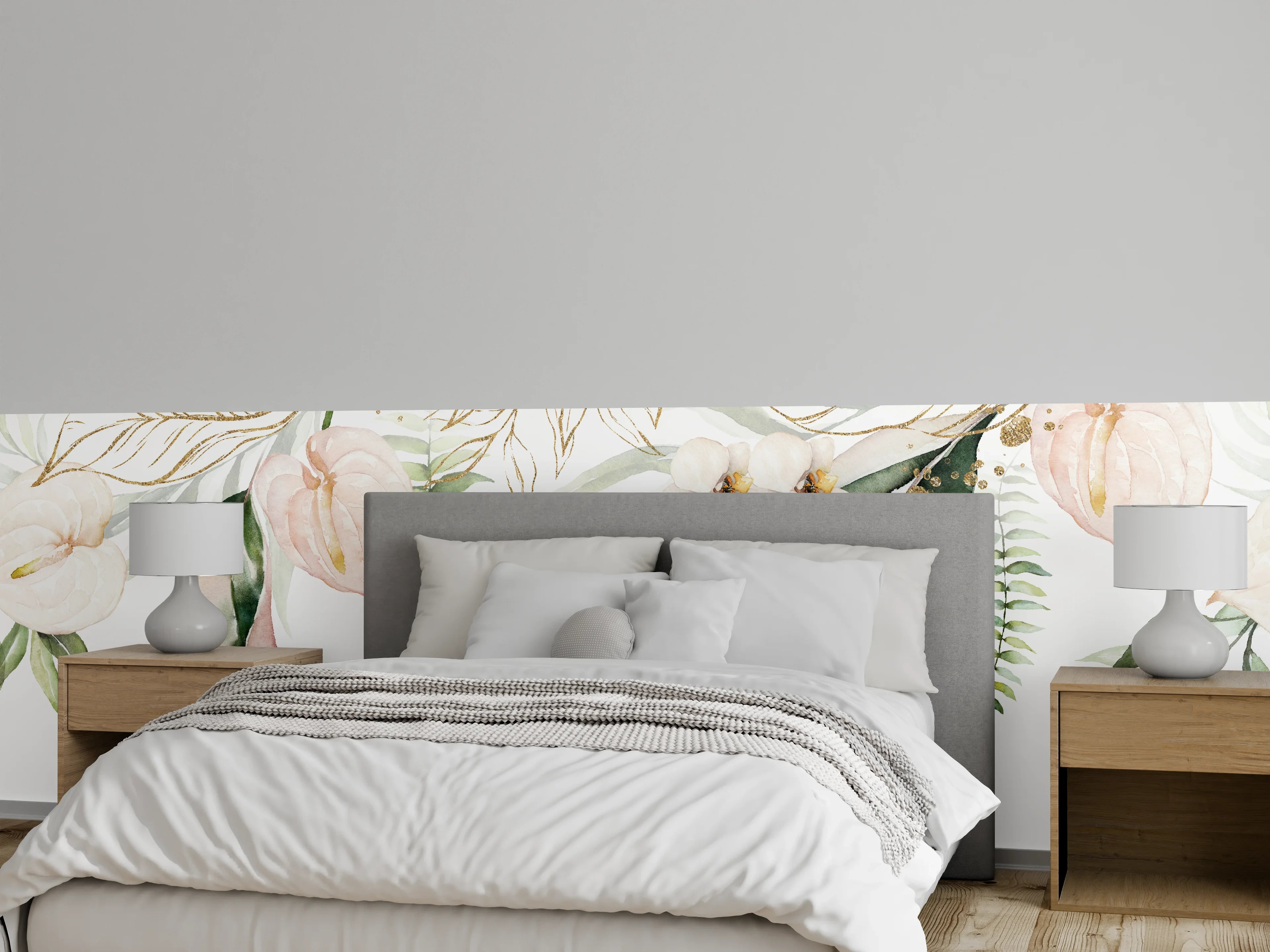 Wandverkleidung Schlafzimmer - Aquarell Blumen Beige Grün Weiß