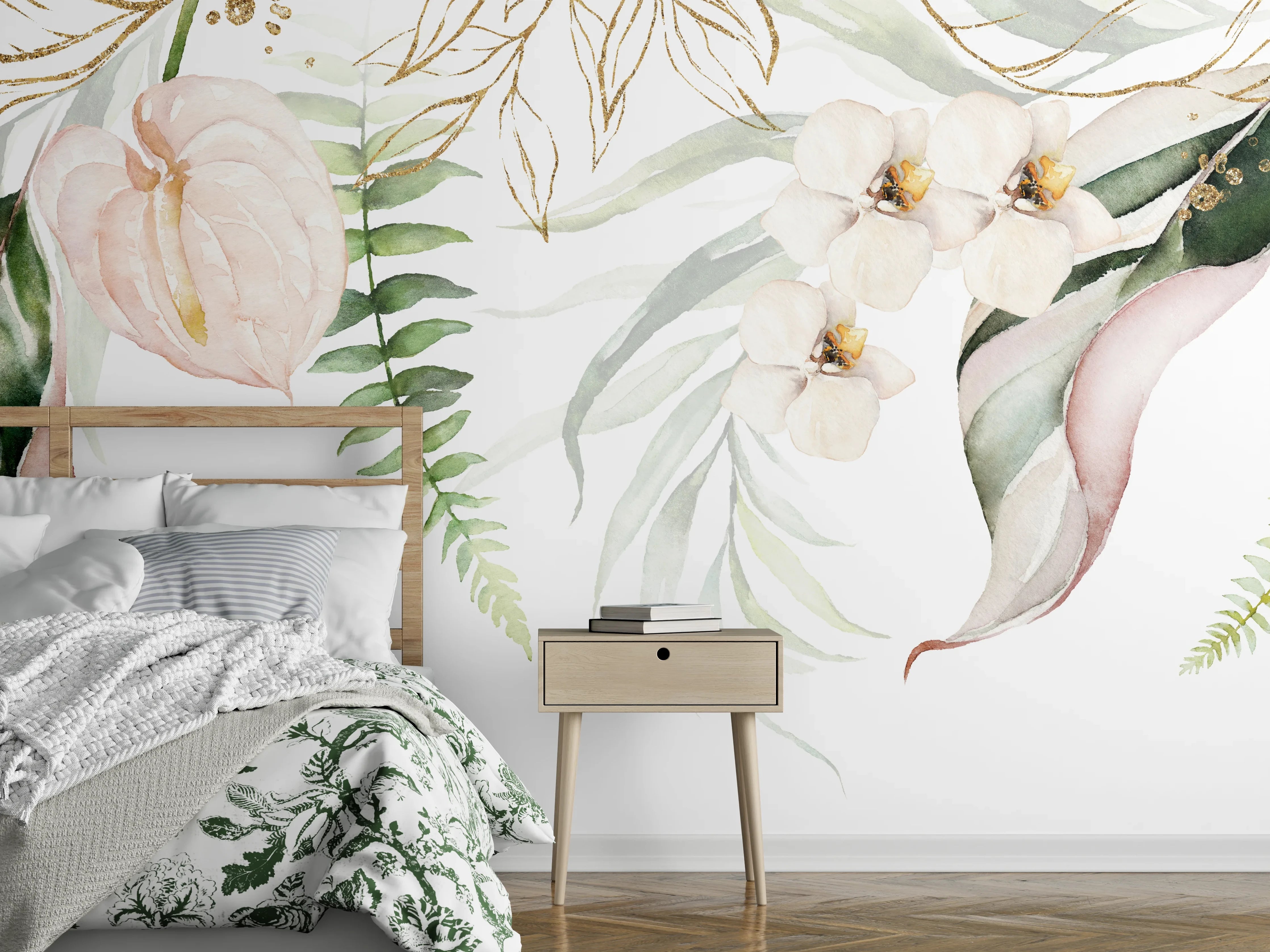 Wandverkleidung Schlafzimmer - Aquarell Blumen Beige Grün Weiß