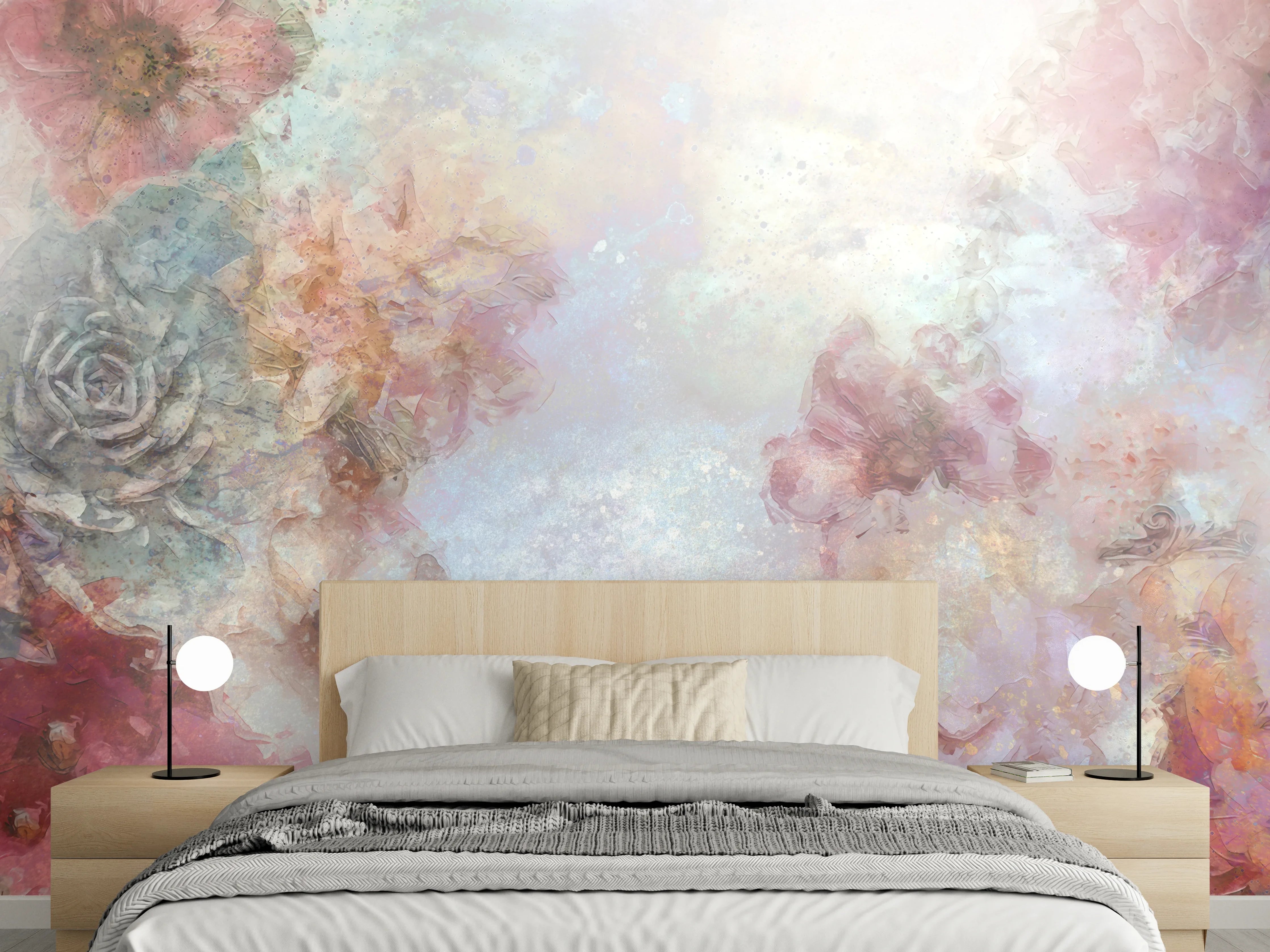 Wandverkleidung Schlafzimmer - Aquarell Blumen Pastell Wandbild