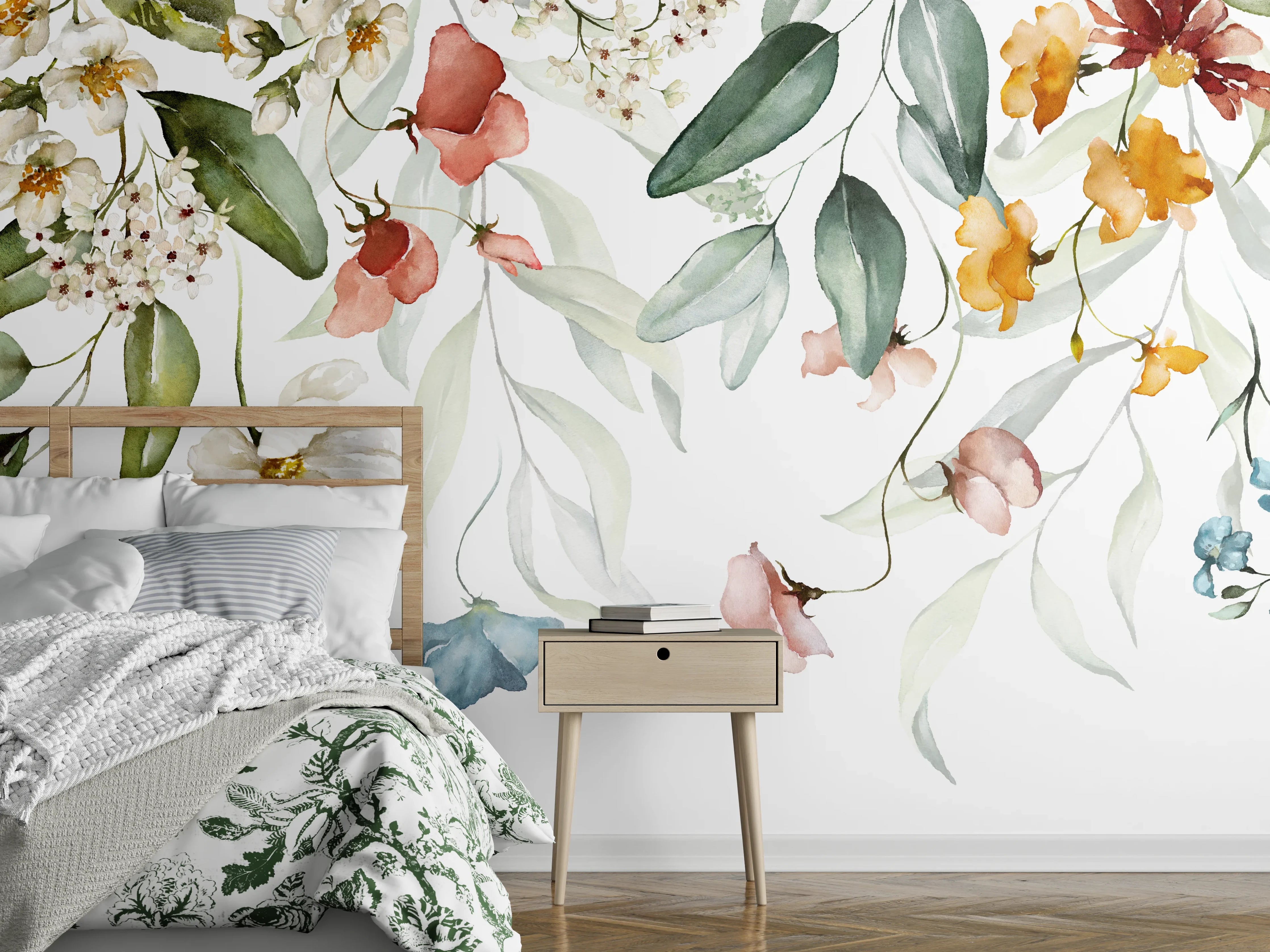 Wandverkleidung Schlafzimmer - Aquarell Blumen Pastell Wanddekor