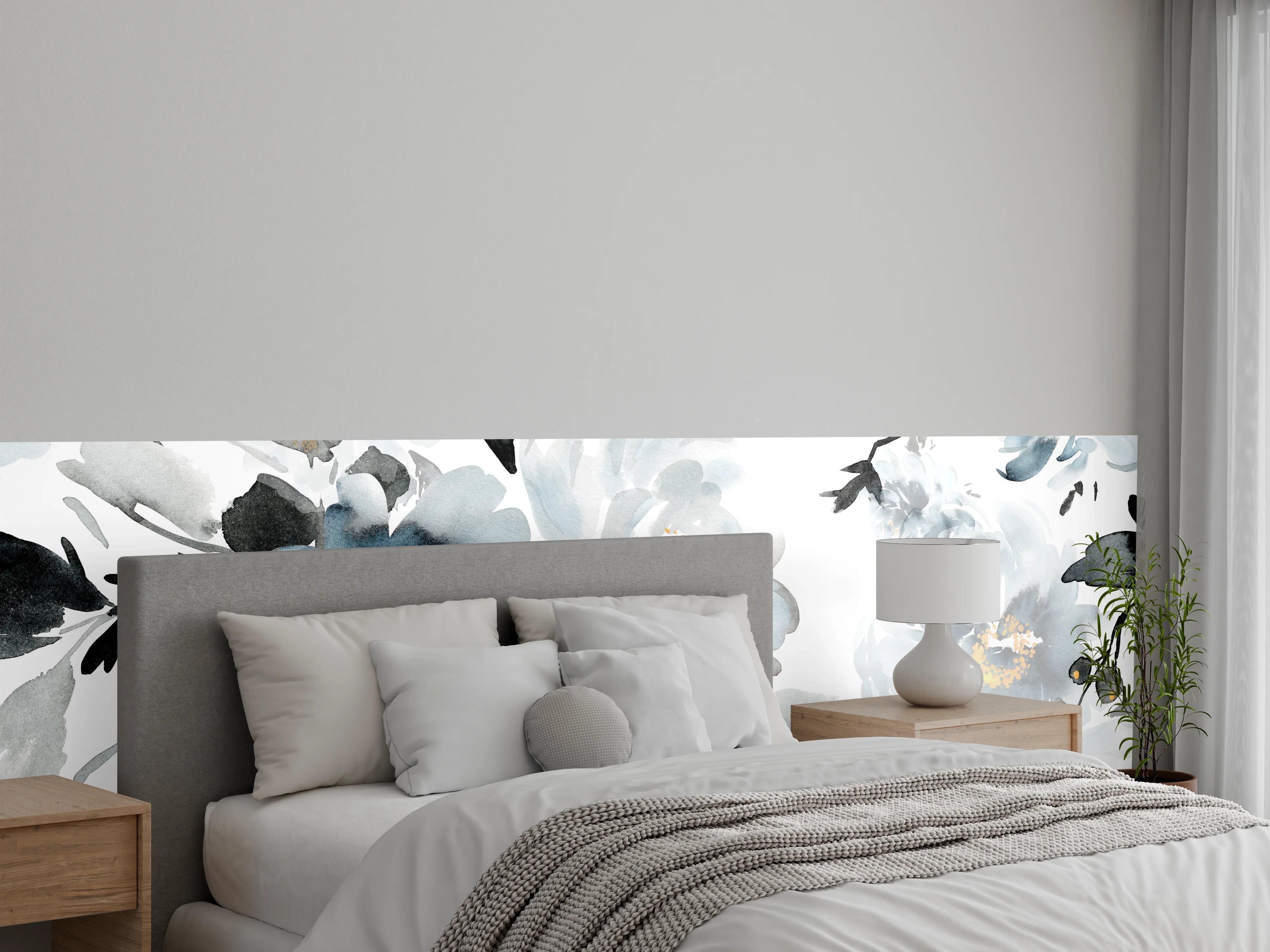 Wandverkleidung Schlafzimmer - Aquarell Blumen Schwarz-Weiß Wandbild