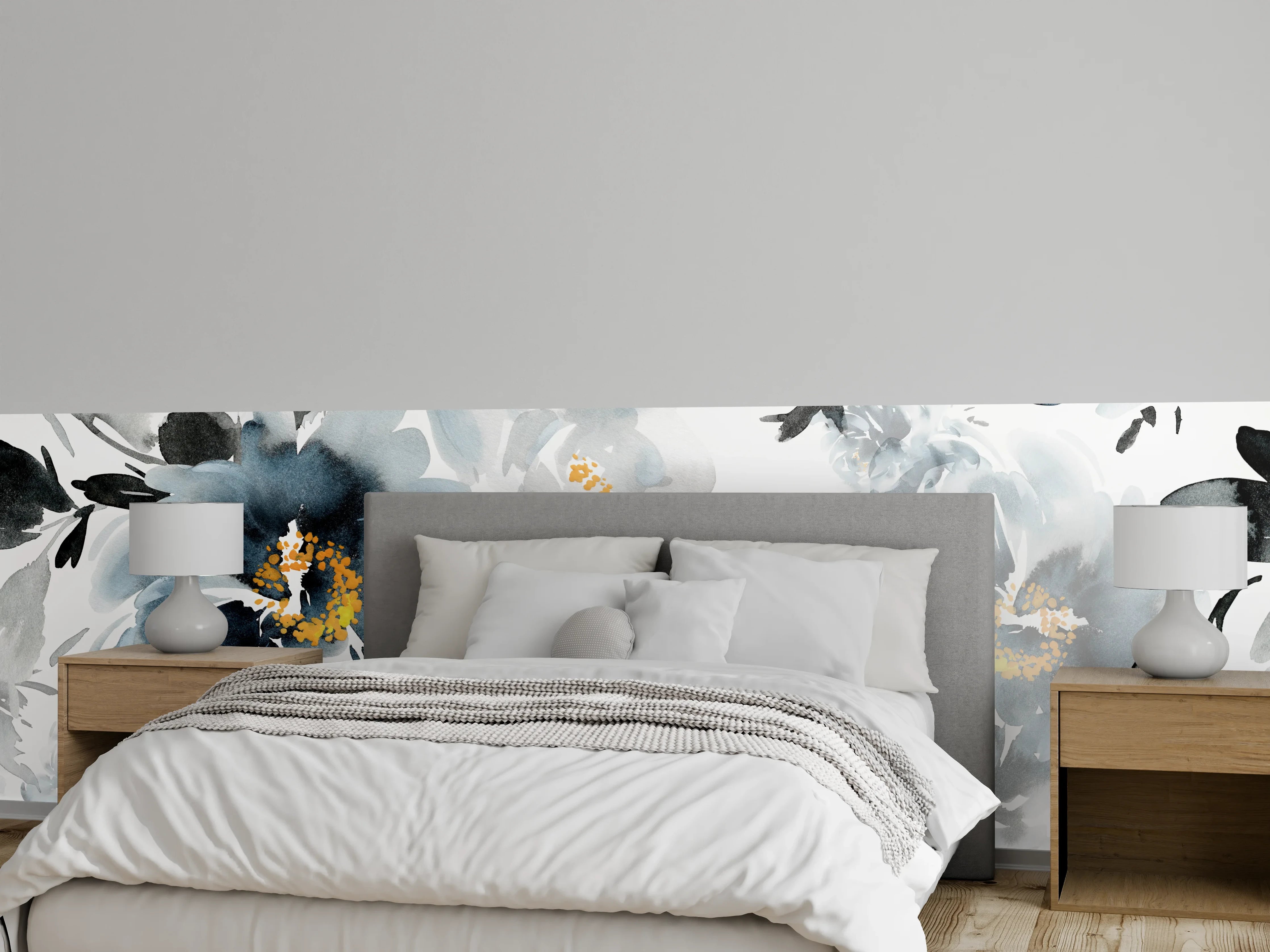 Wandverkleidung Schlafzimmer - Aquarell Blumen Schwarz-Weiß Wandbild
