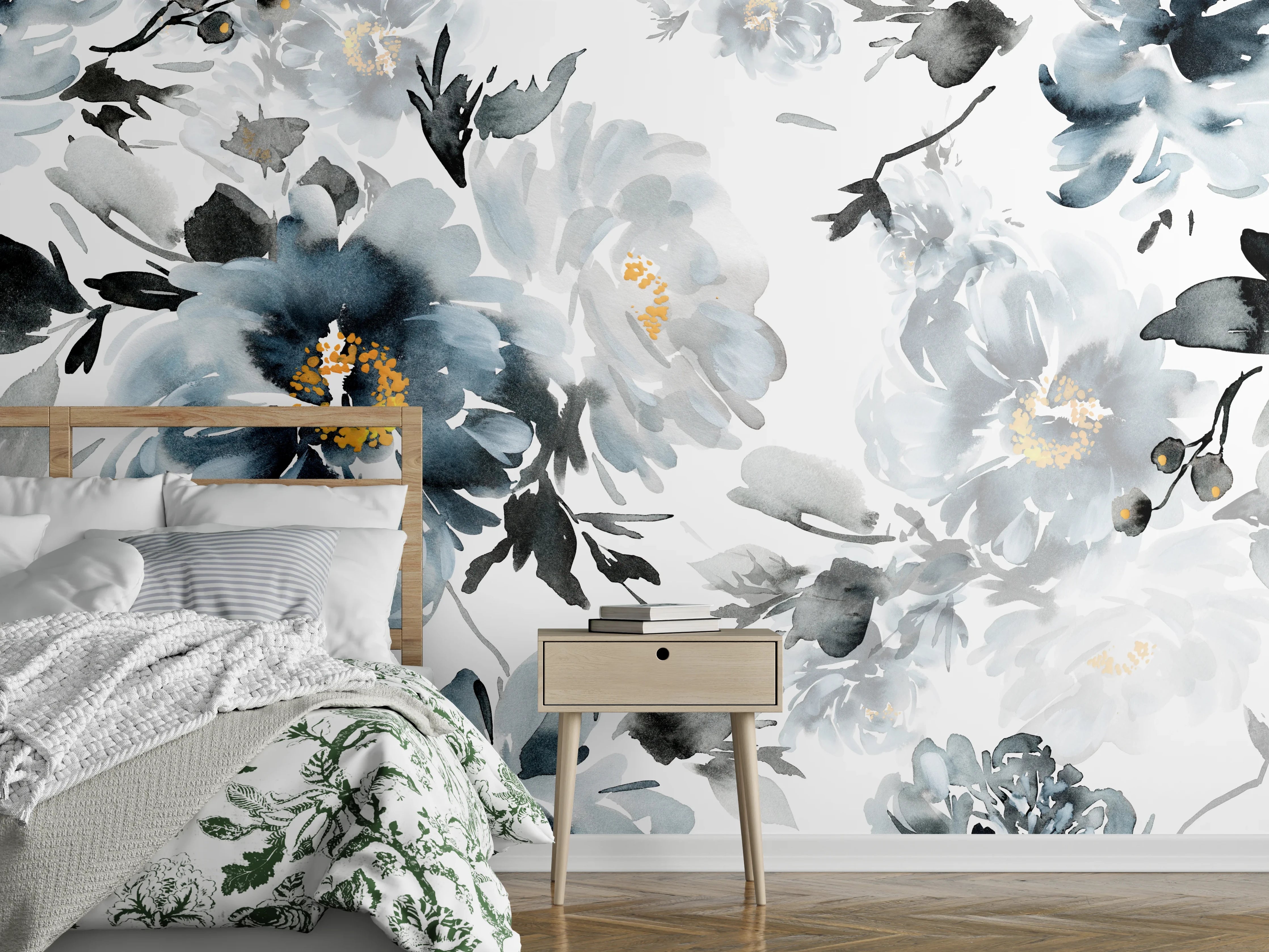 Wandverkleidung Schlafzimmer - Aquarell Blumen Schwarz-Weiß Wandbild