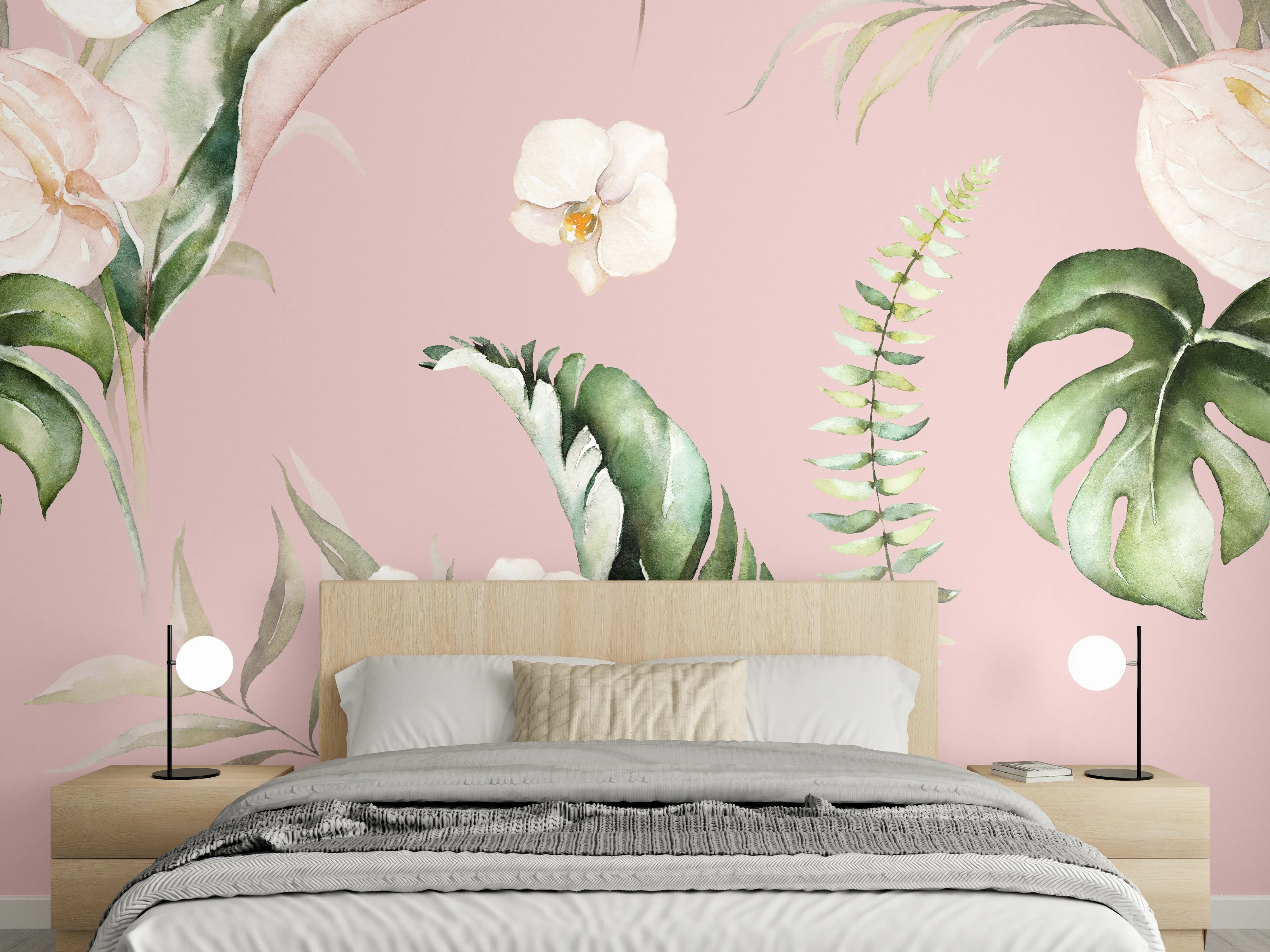 Wandverkleidung Schlafzimmer - Aquarell Blumen & Monstera Rosa