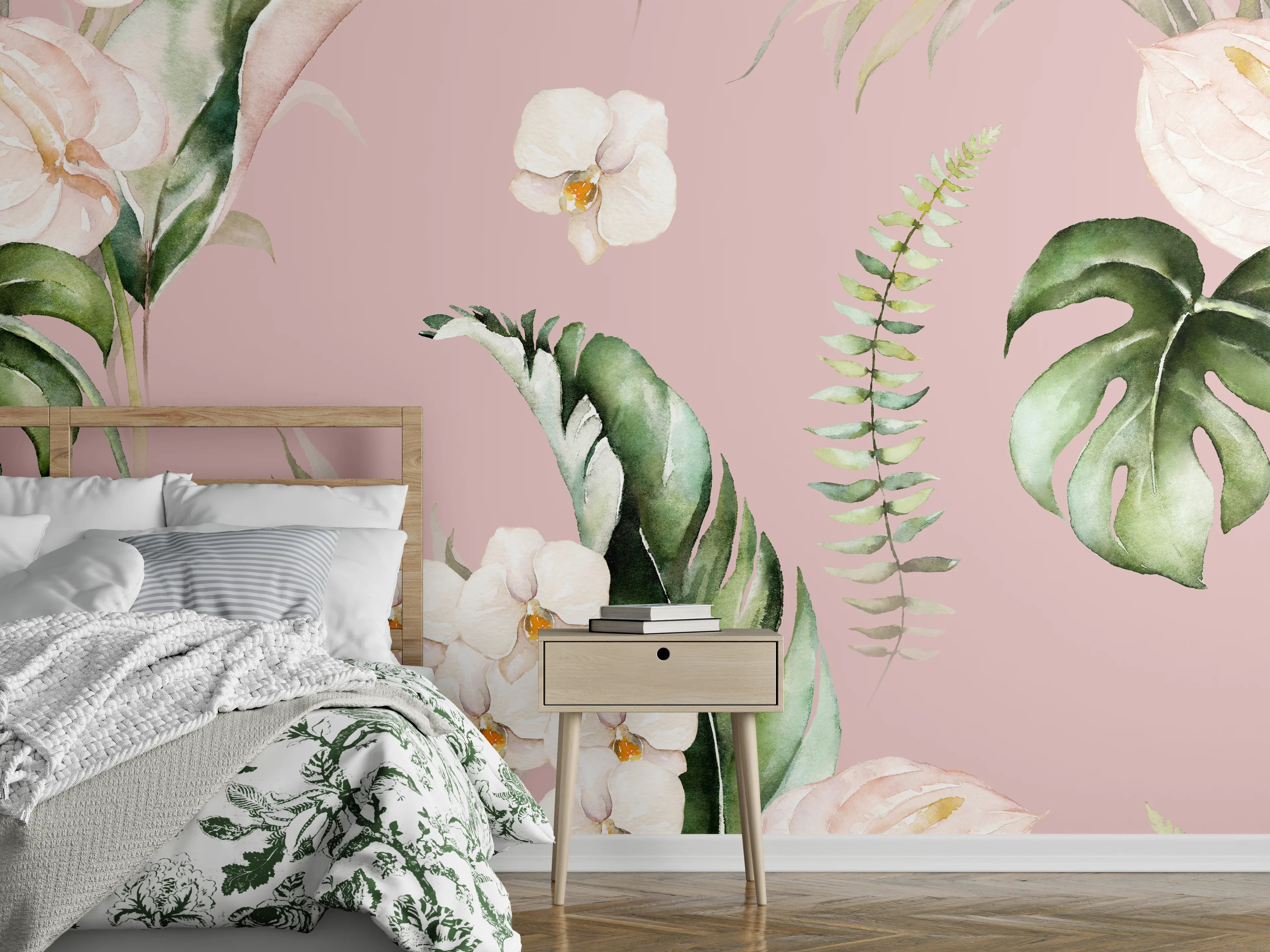 Wandverkleidung Schlafzimmer - Aquarell Blumen & Monstera Rosa