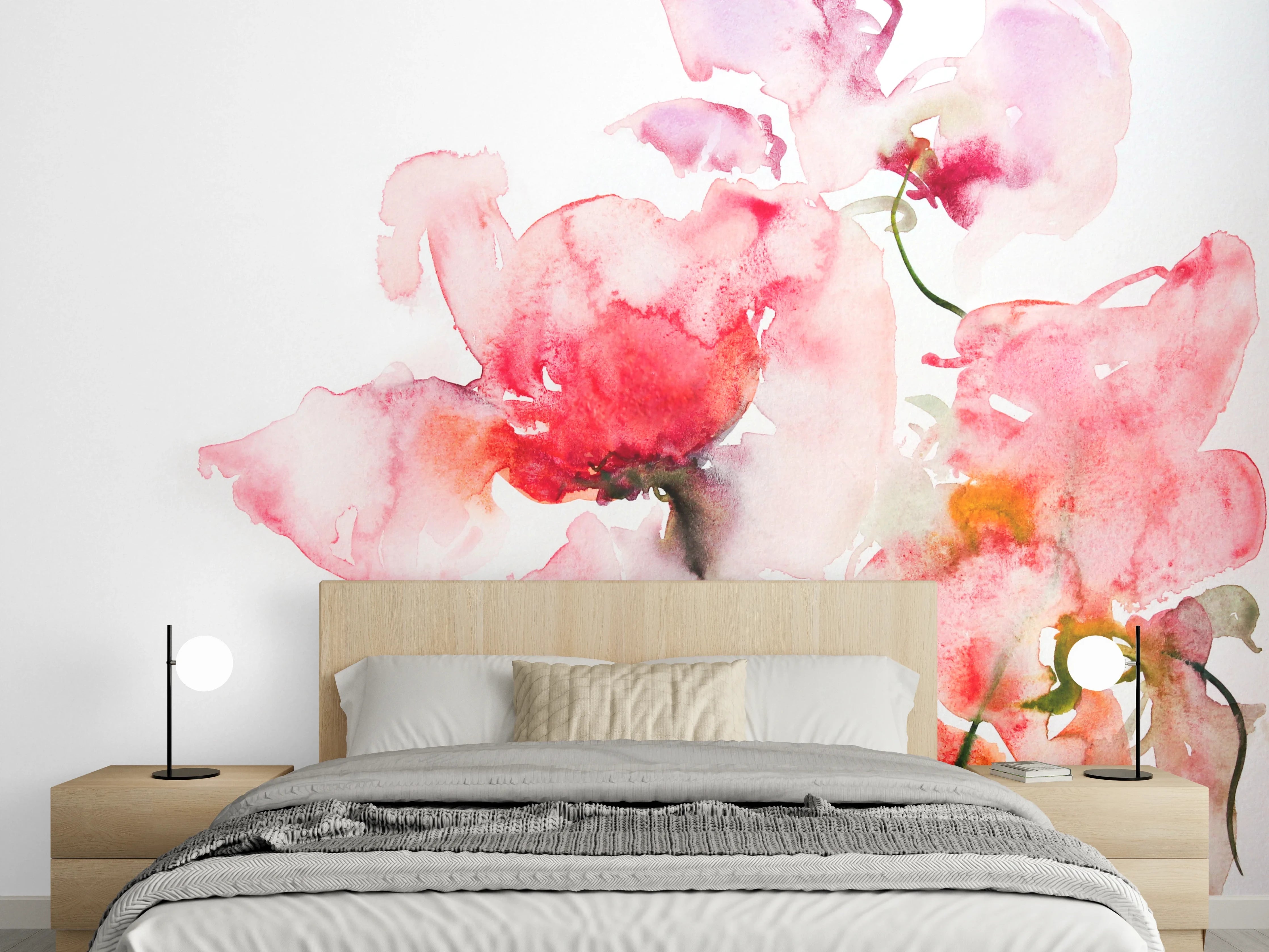 Wandverkleidung Schlafzimmer - Aquarell Blumen mit Weißraum