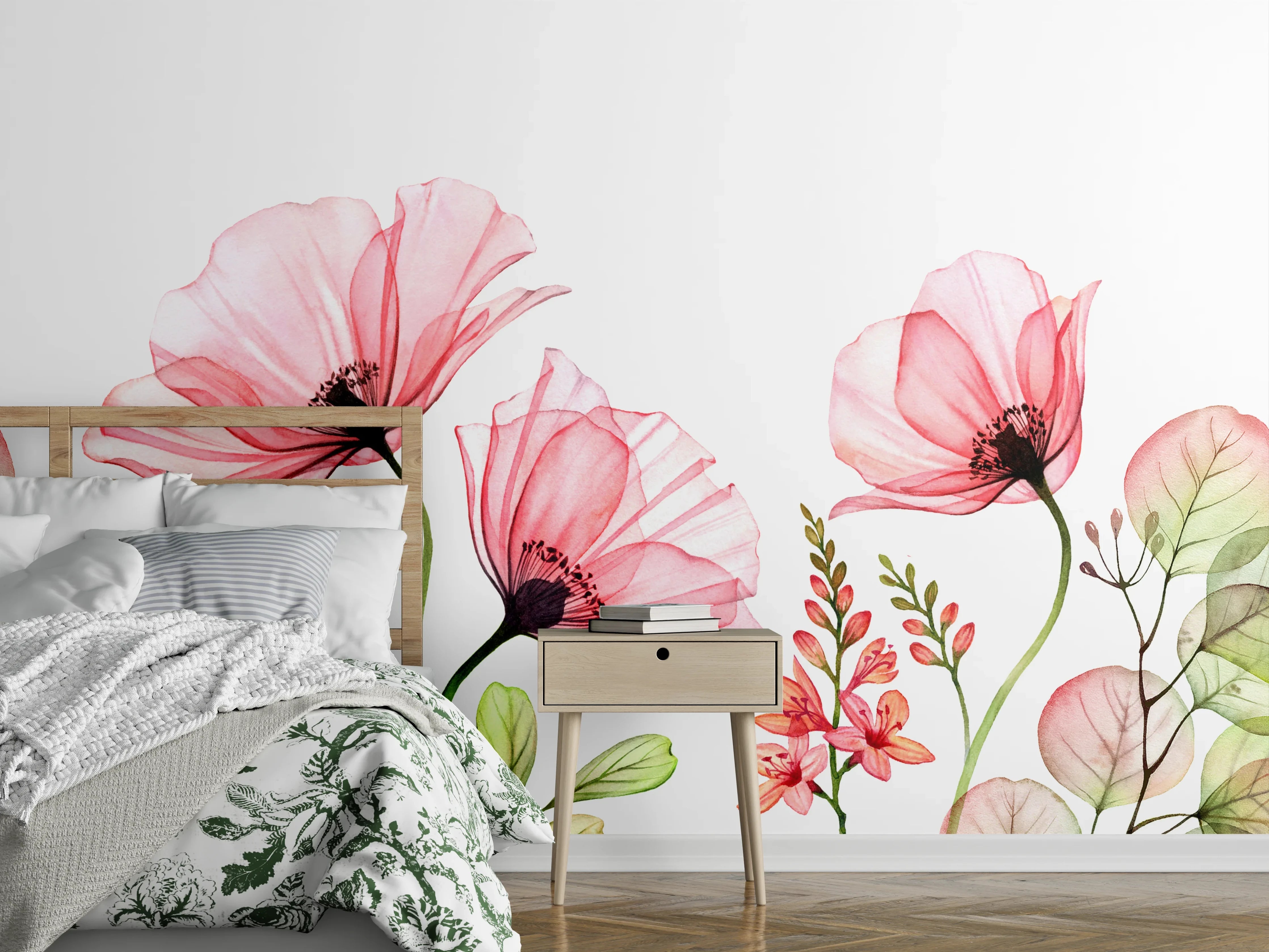 Wandverkleidung Schlafzimmer - Aquarell Blumen rosa Wandbild