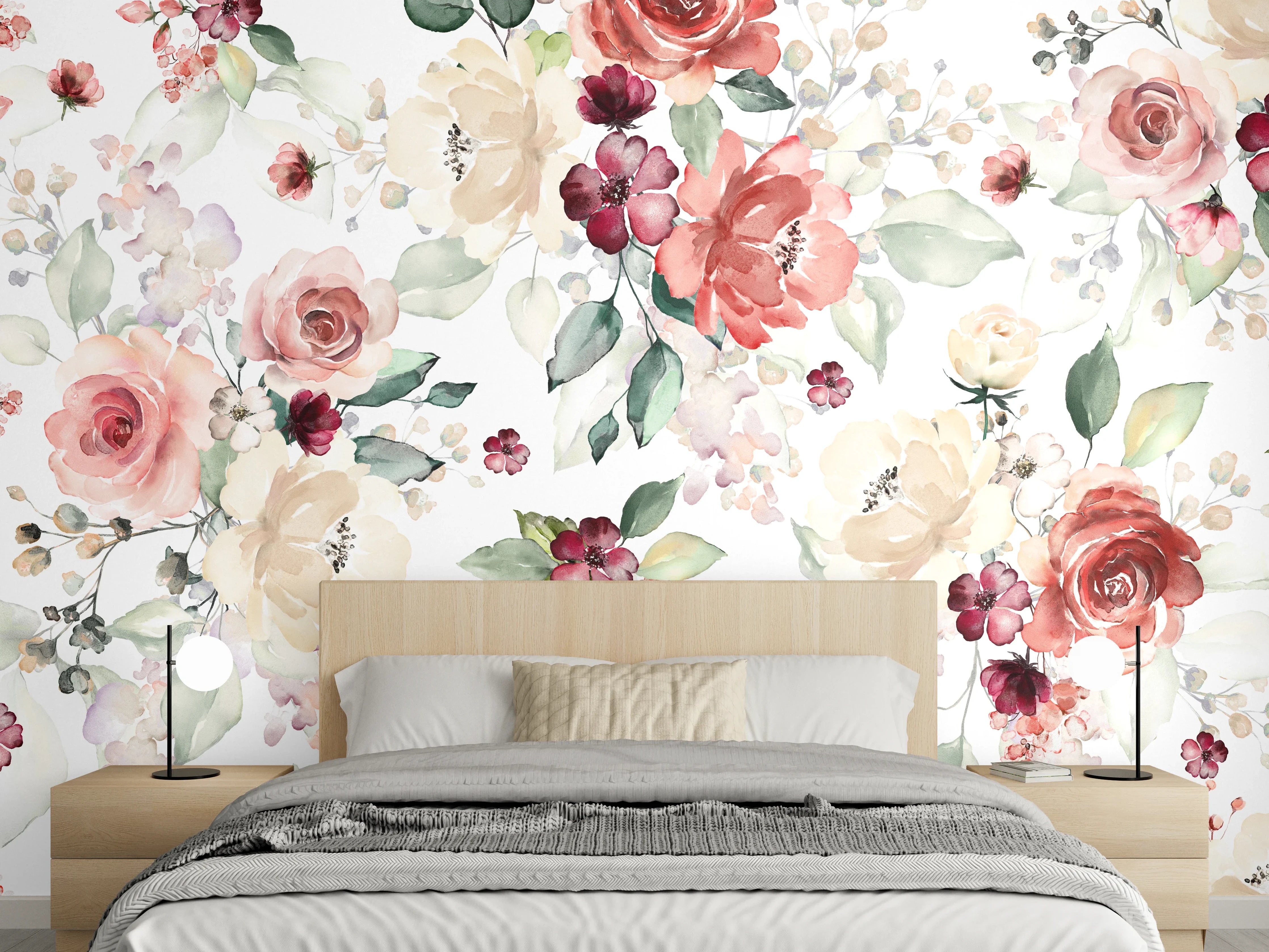 Wandverkleidung Schlafzimmer - Aquarell Blumenmuster Pastell-Romantik