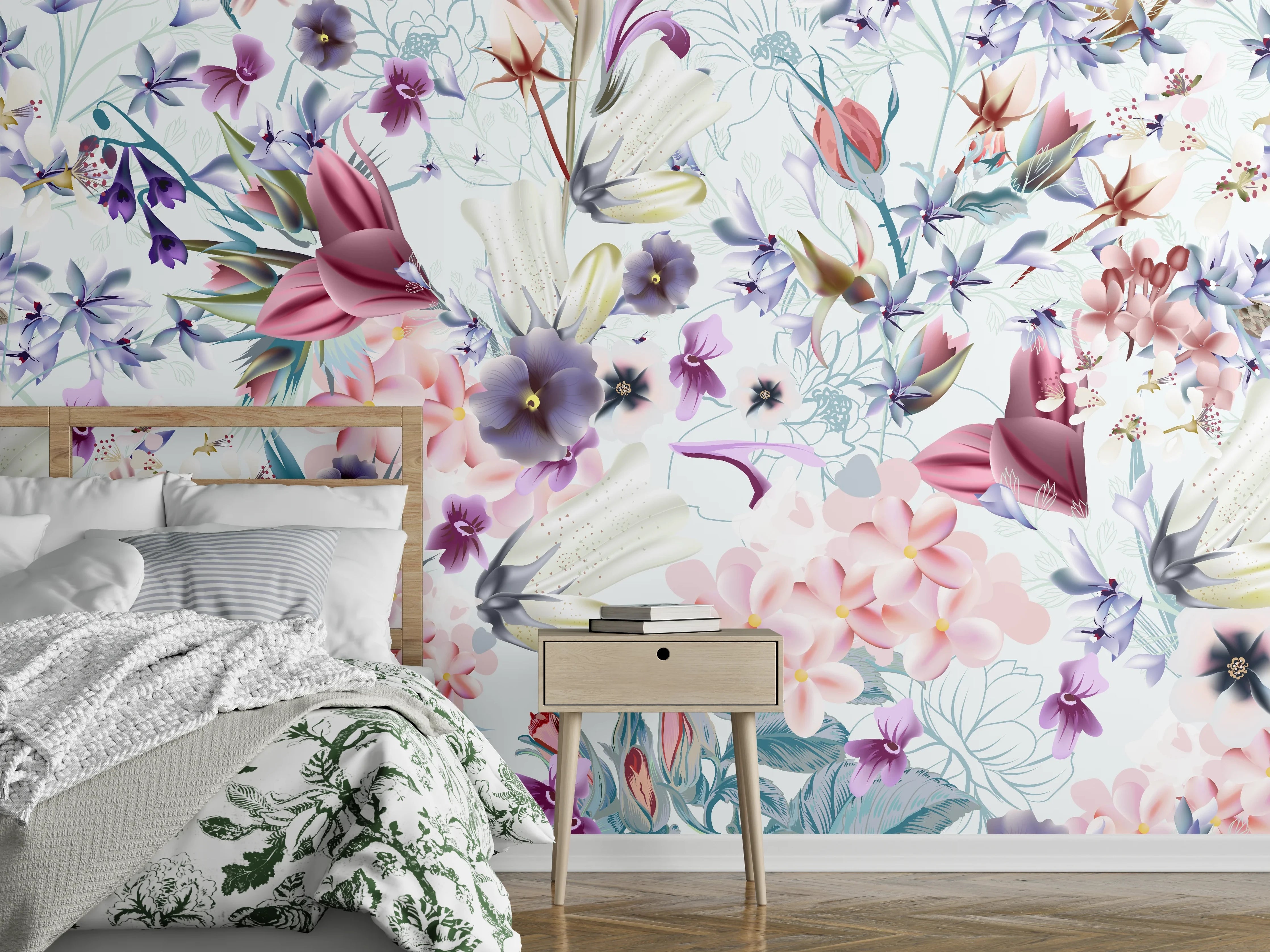 Wandverkleidung Schlafzimmer - Aquarell Blumenmuster Pastell Stil