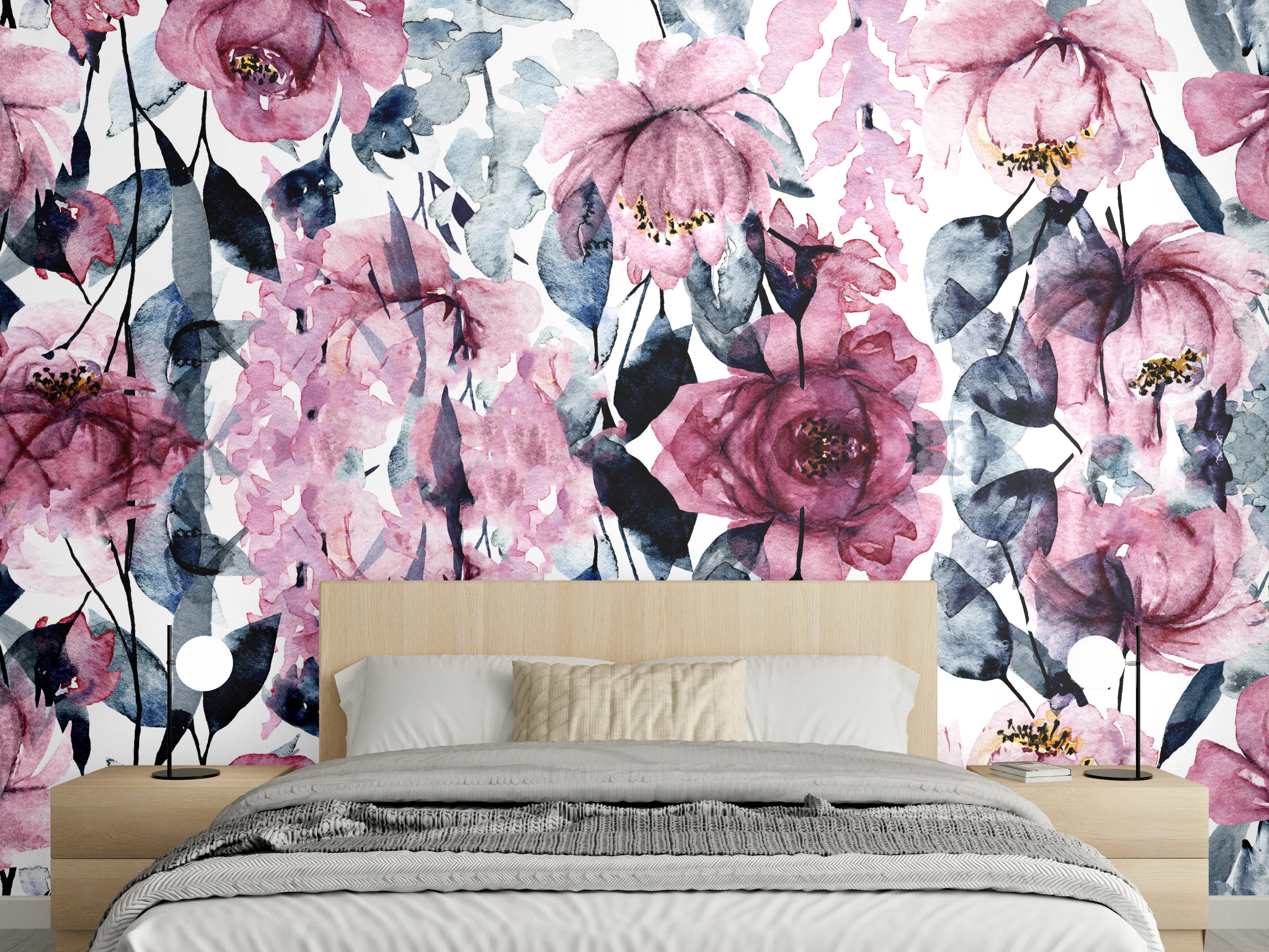 Wandverkleidung Schlafzimmer - Aquarell Blumenmuster Rosa Grau