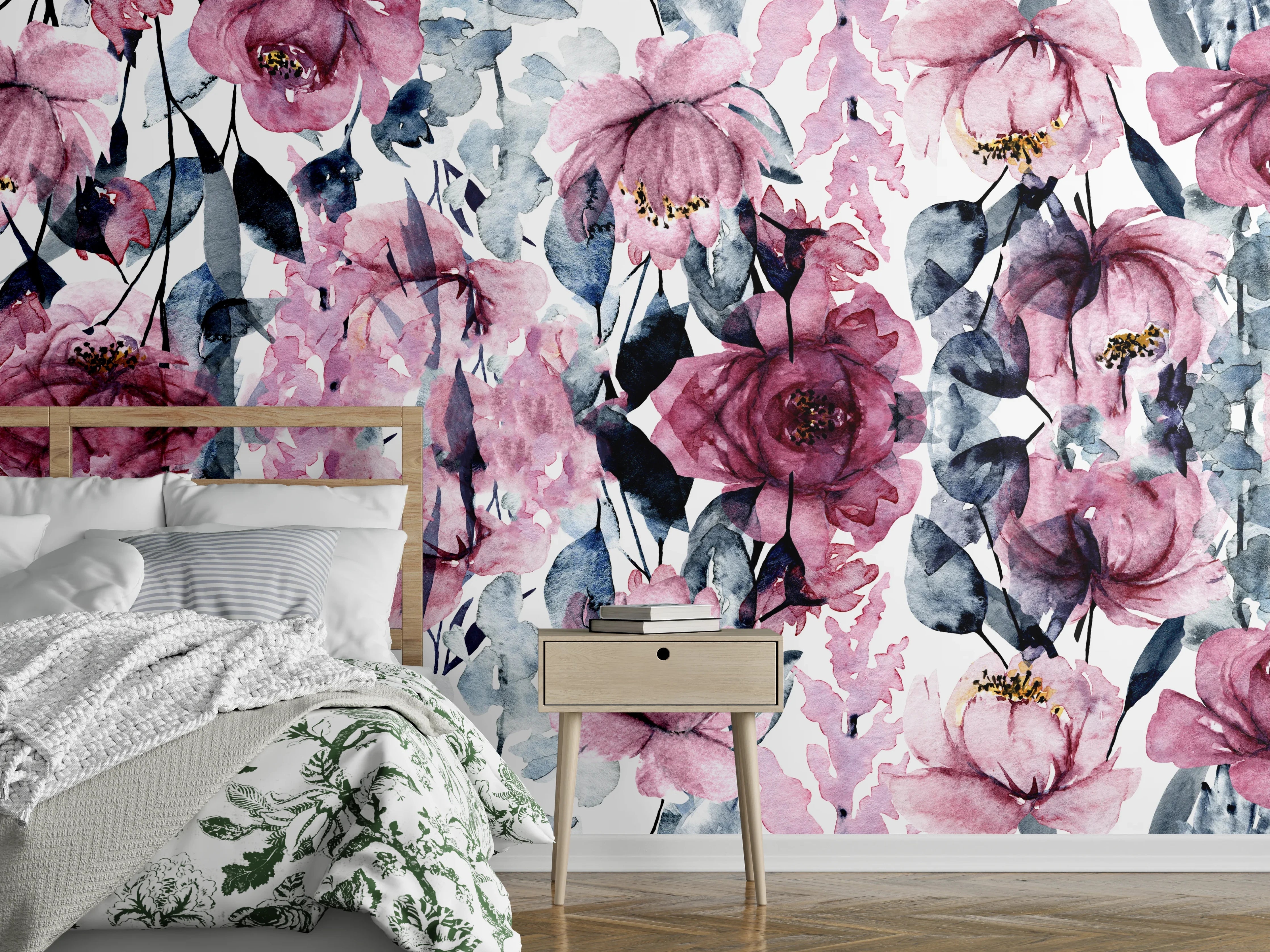 Wandverkleidung Schlafzimmer - Aquarell Blumenmuster Rosa Grau