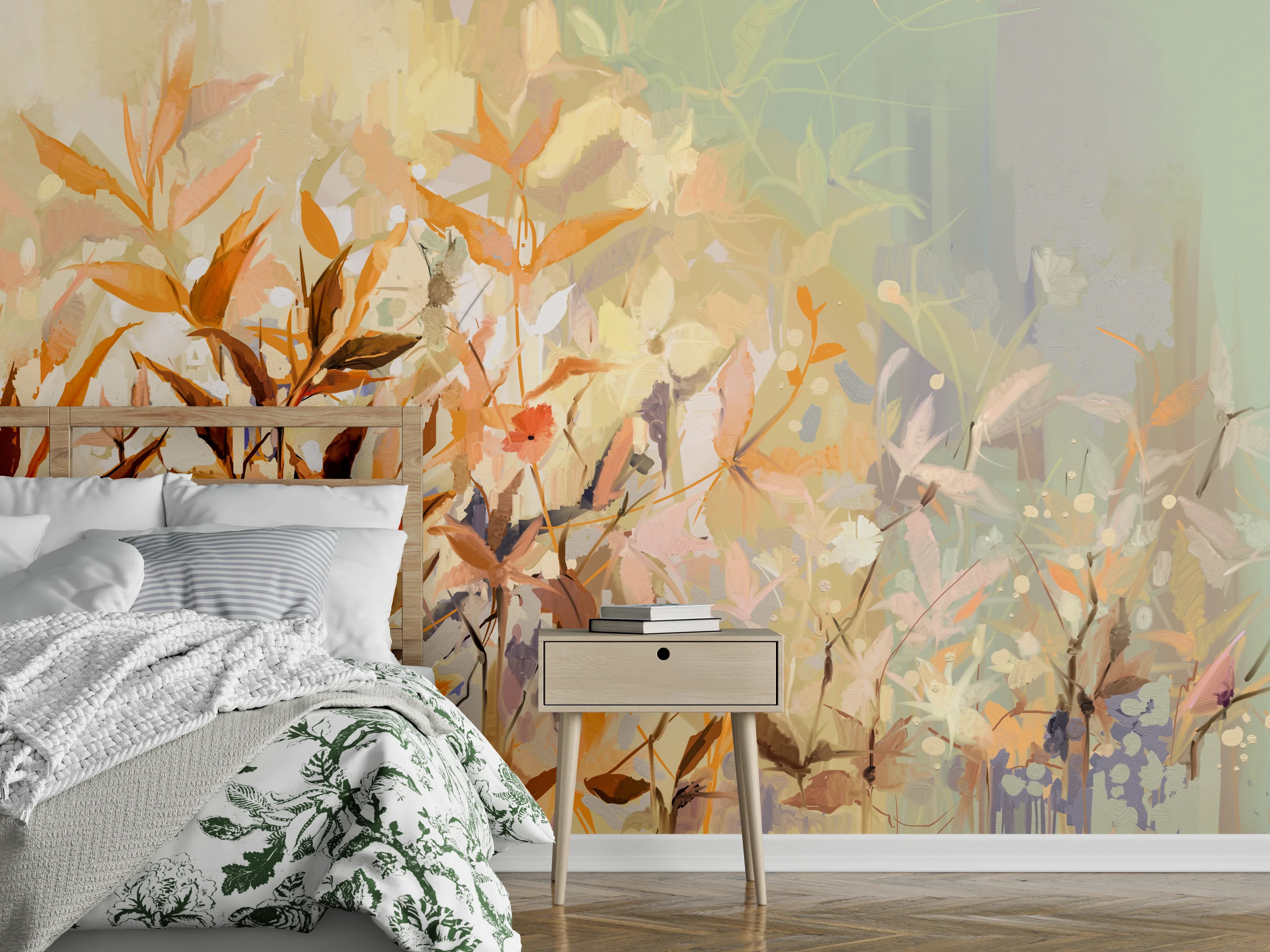 Wandverkleidung Schlafzimmer - Aquarell Blumenwiese Pastell Wandbild