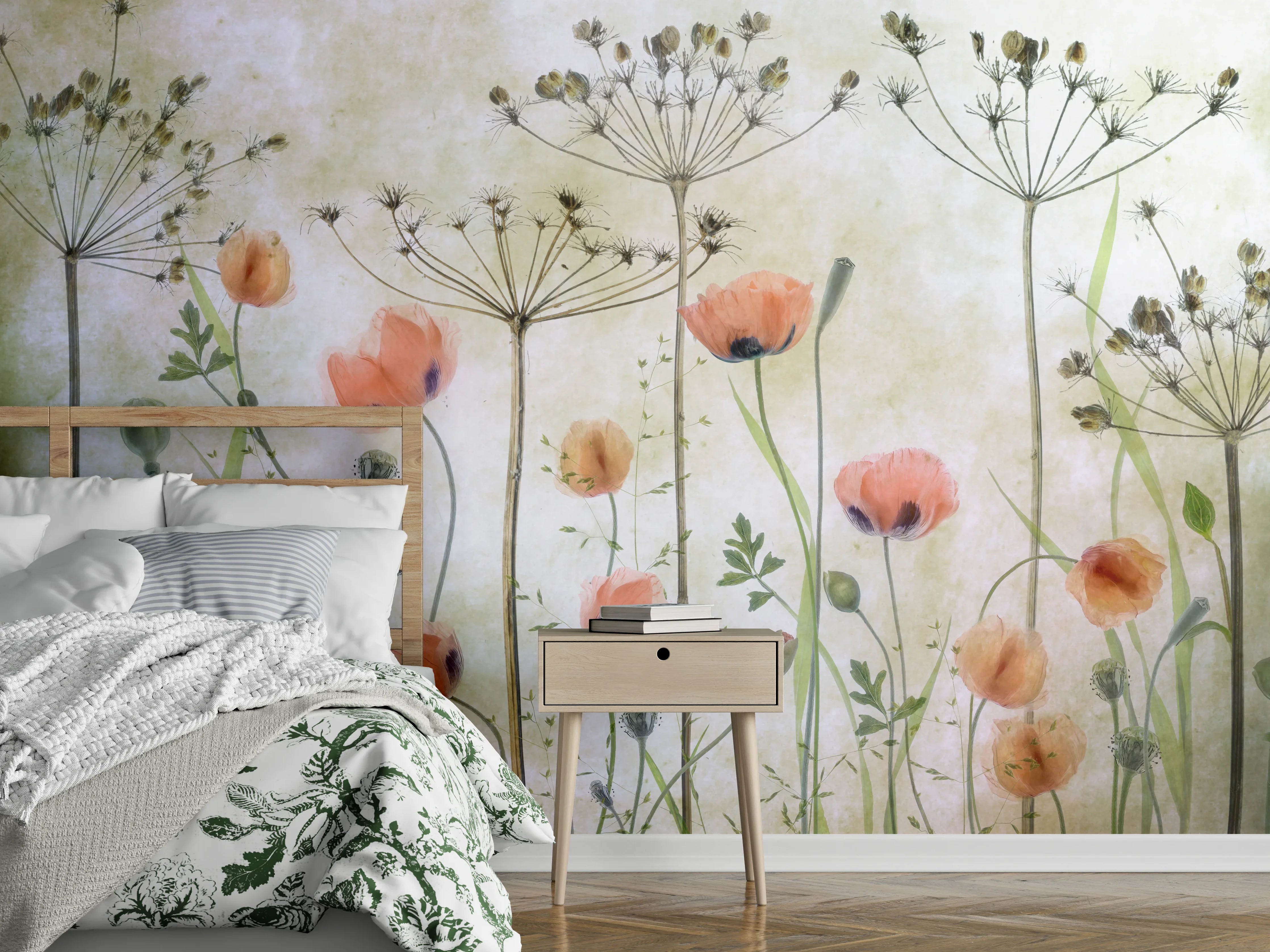 Wandverkleidung Schlafzimmer - Aquarell Blumenwiese zarte Pastellfarben