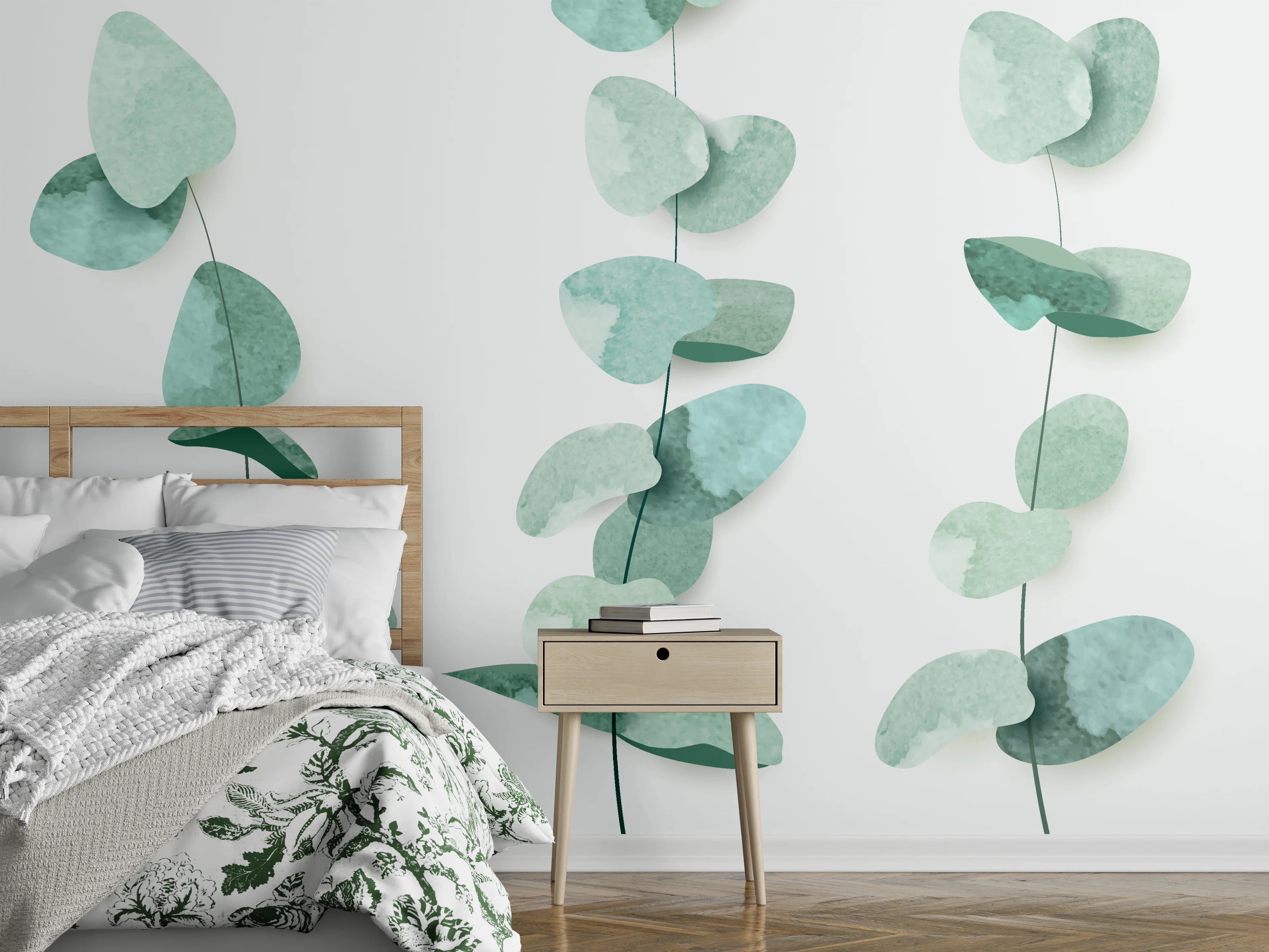 Wandverkleidung Schlafzimmer - Aquarell Eukalyptuszweige modern grün