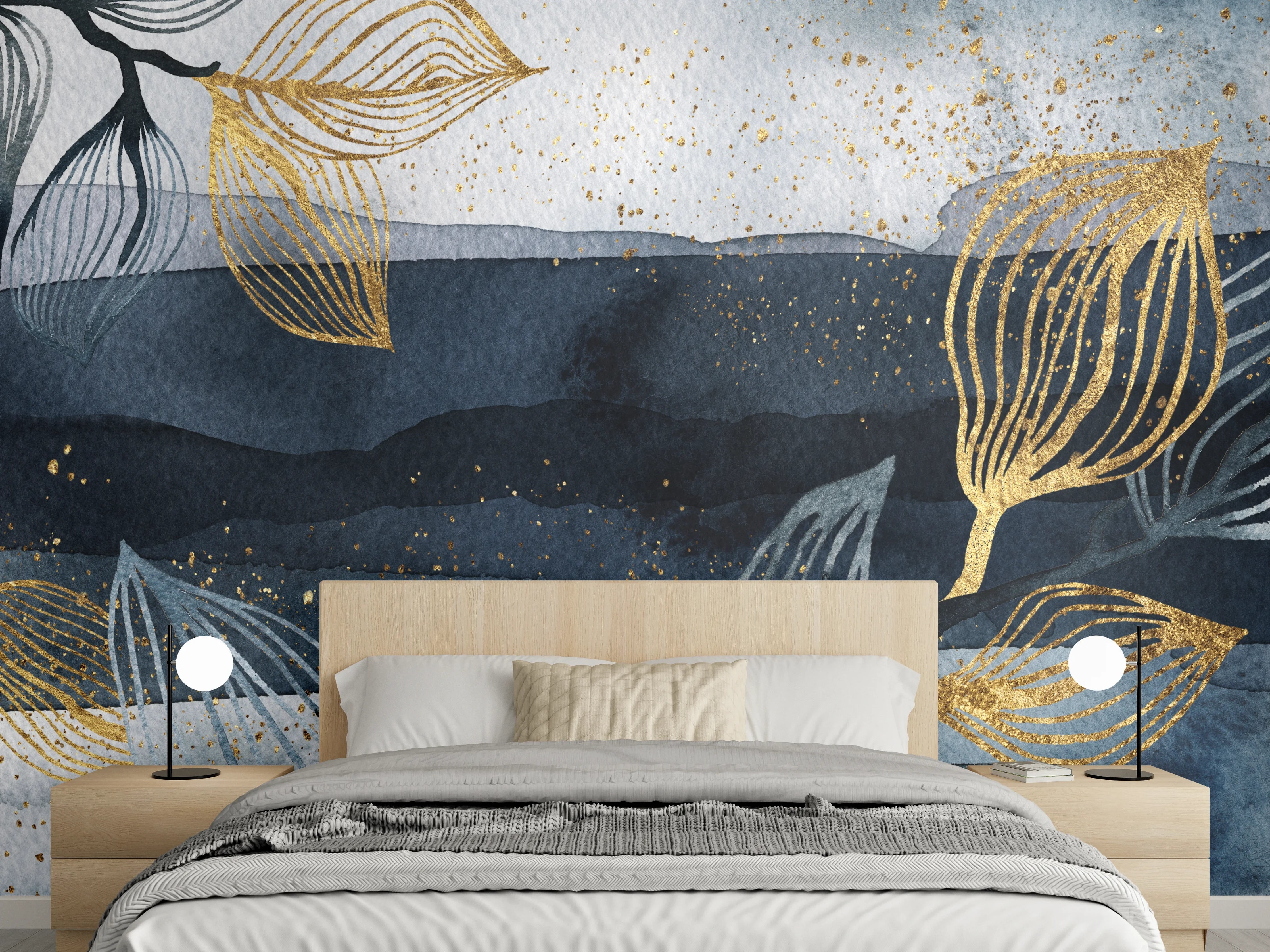 Wandverkleidung Schlafzimmer - Aquarell Goldblätter auf Dunkelgrau
