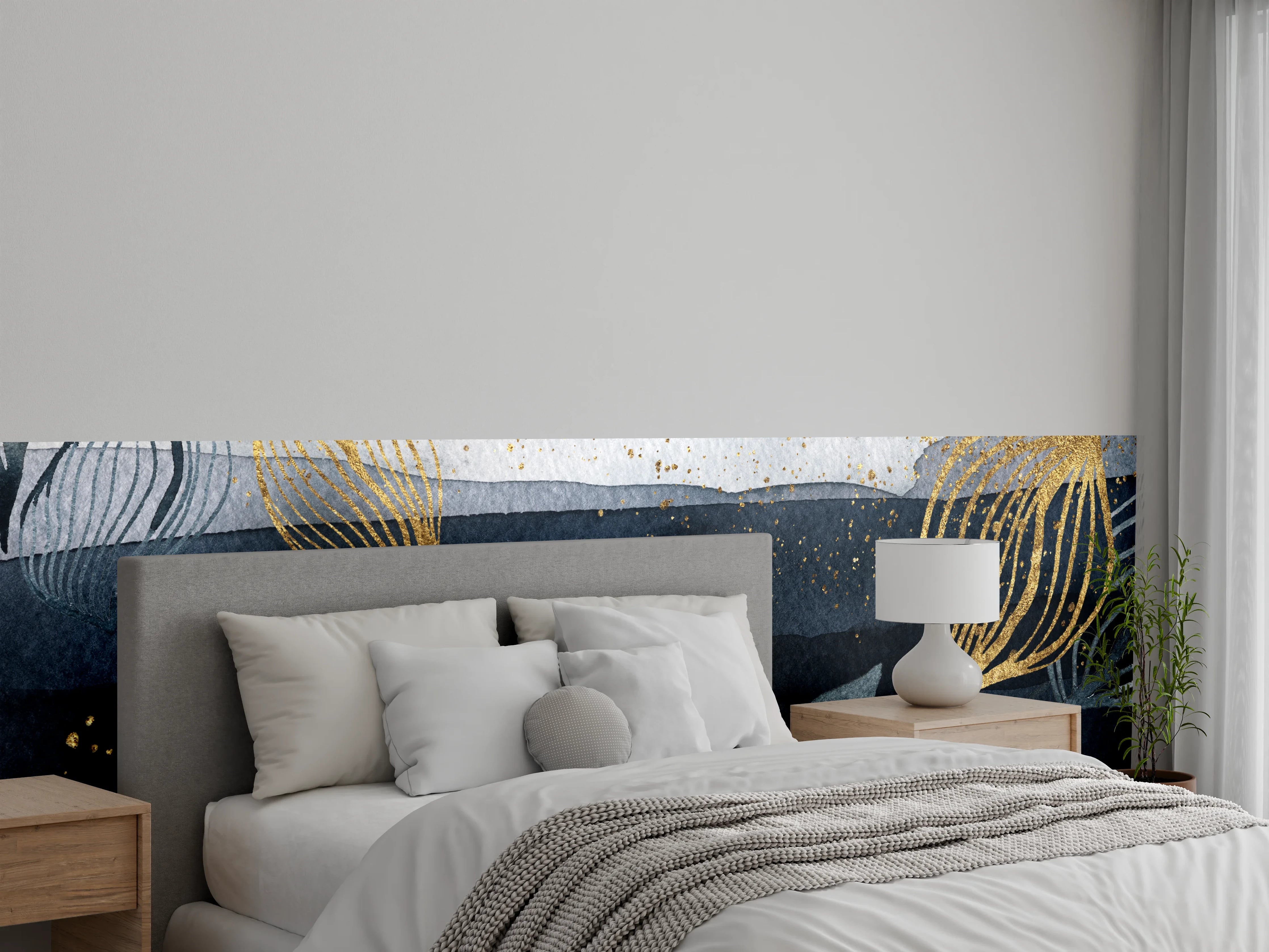 Wandverkleidung Schlafzimmer - Aquarell Goldblätter auf Dunkelgrau