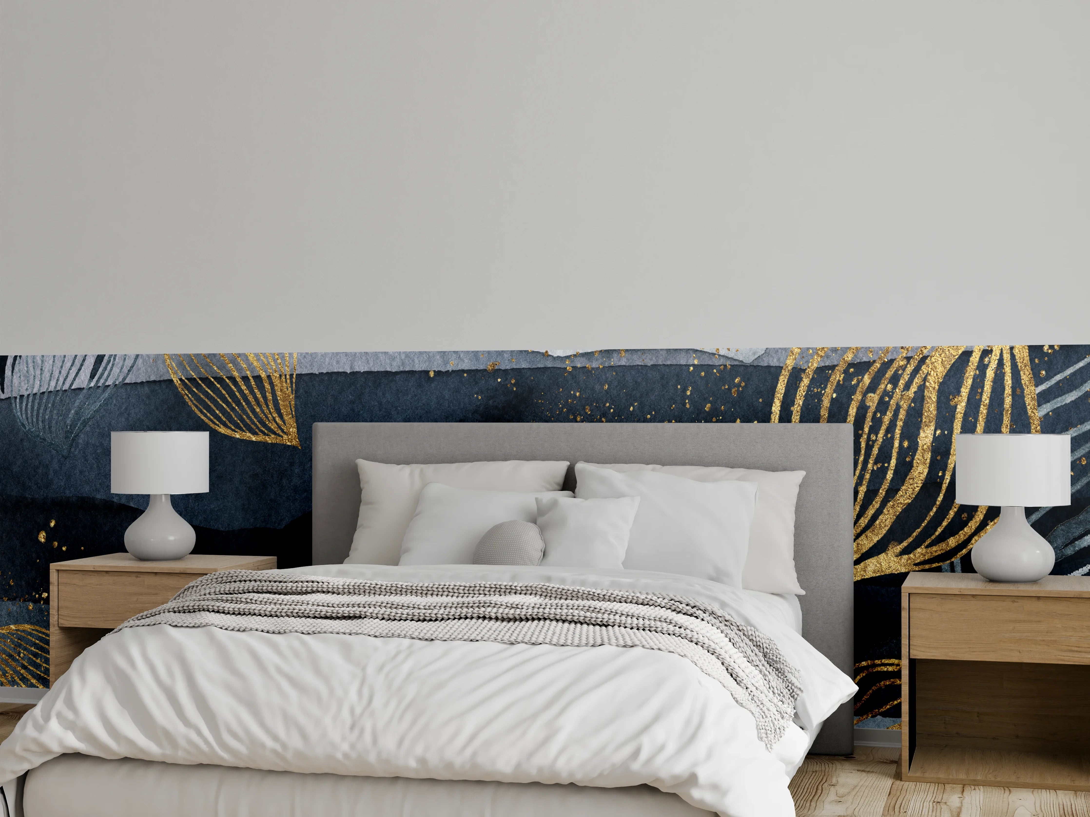 Wandverkleidung Schlafzimmer - Aquarell Goldblätter auf Dunkelgrau