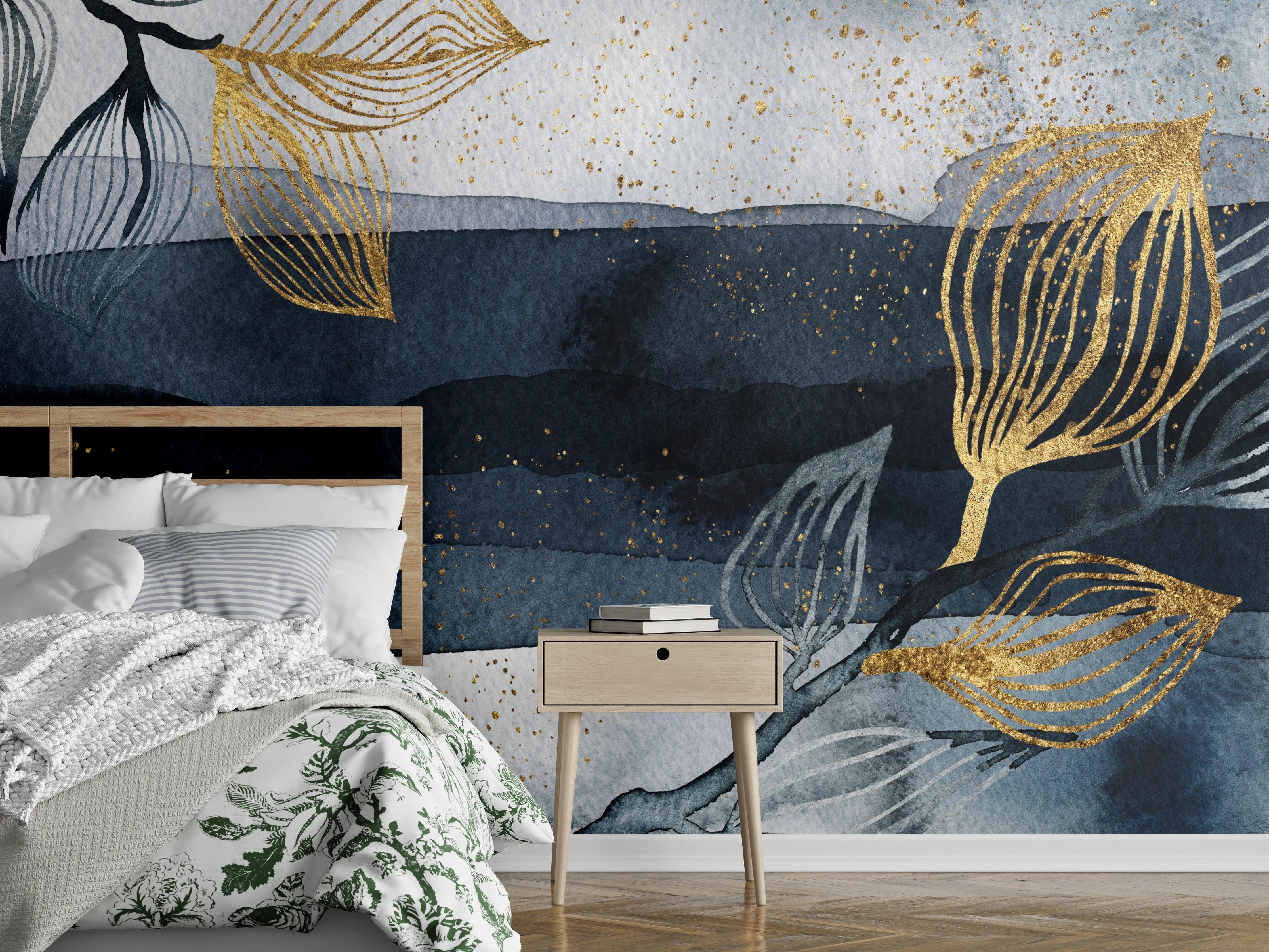 Wandverkleidung Schlafzimmer - Aquarell Goldblätter auf Dunkelgrau