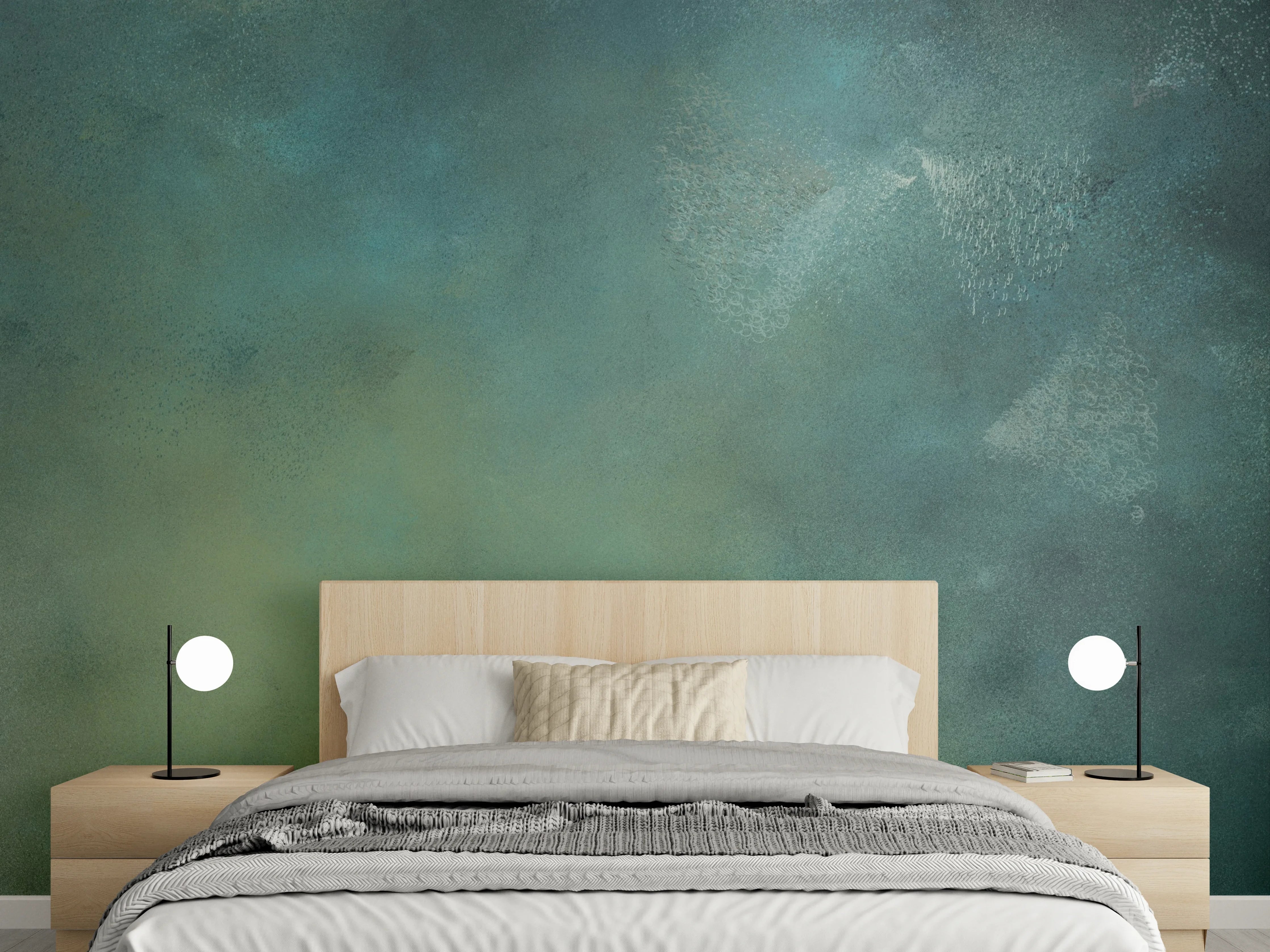 Wandverkleidung Schlafzimmer - Aquarell-Grünblau Nebel Effekt Wandbild