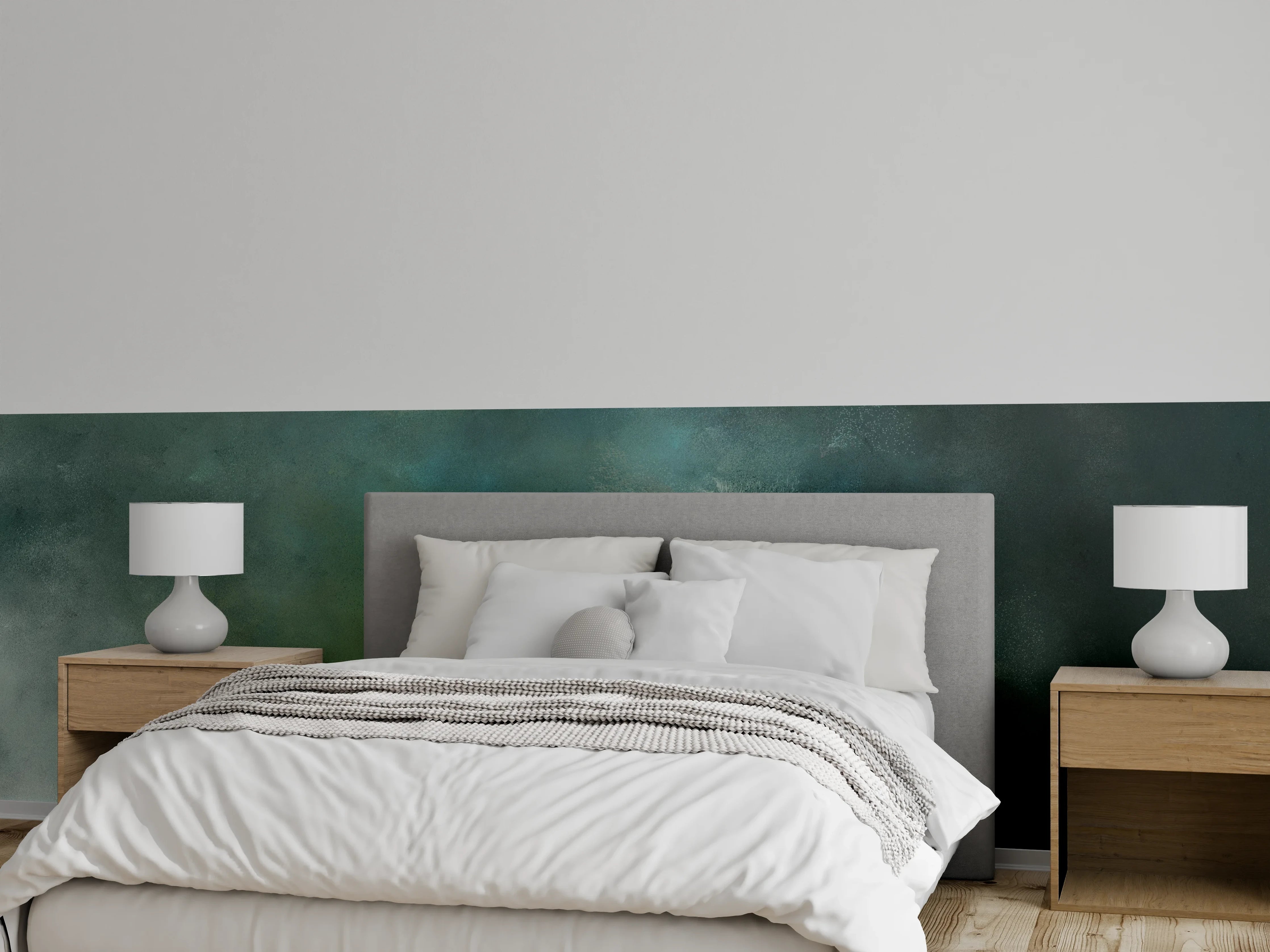 Wandverkleidung Schlafzimmer - Aquarell-Grünblau Nebel Effekt Wandbild