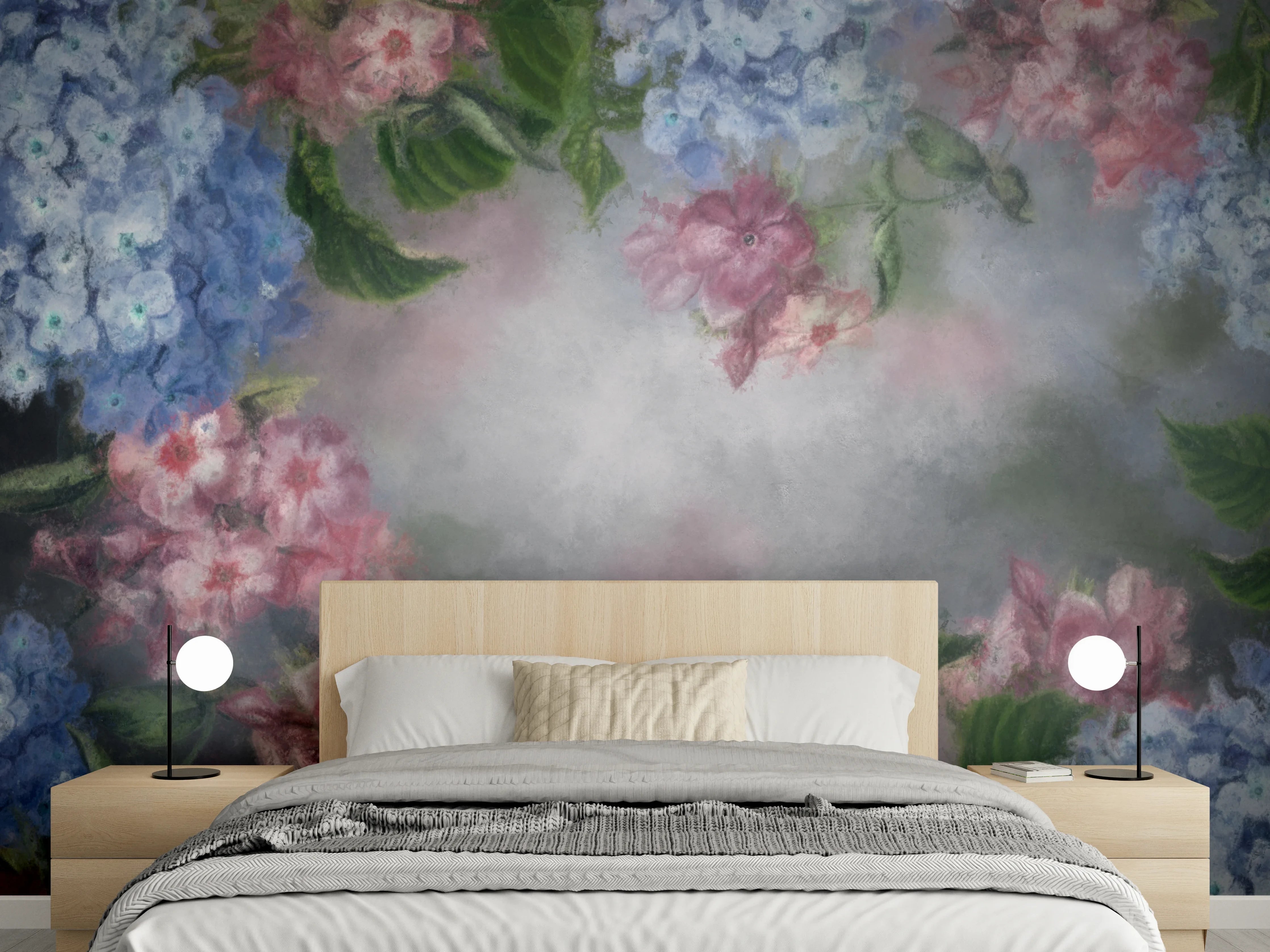 Wandverkleidung Schlafzimmer - Aquarell-Hortensien auf sanftem Hintergrund