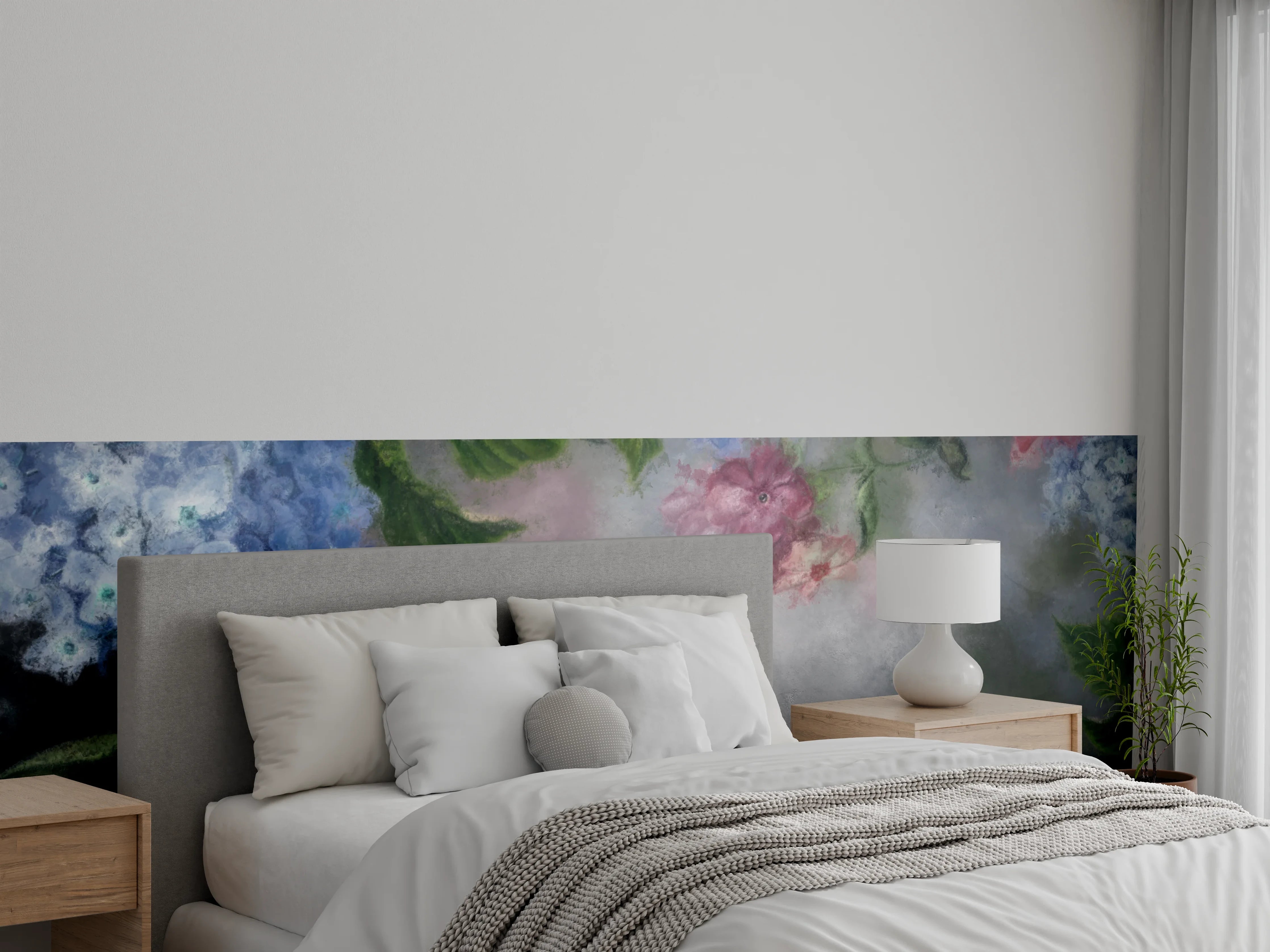 Wandverkleidung Schlafzimmer - Aquarell-Hortensien auf sanftem Hintergrund