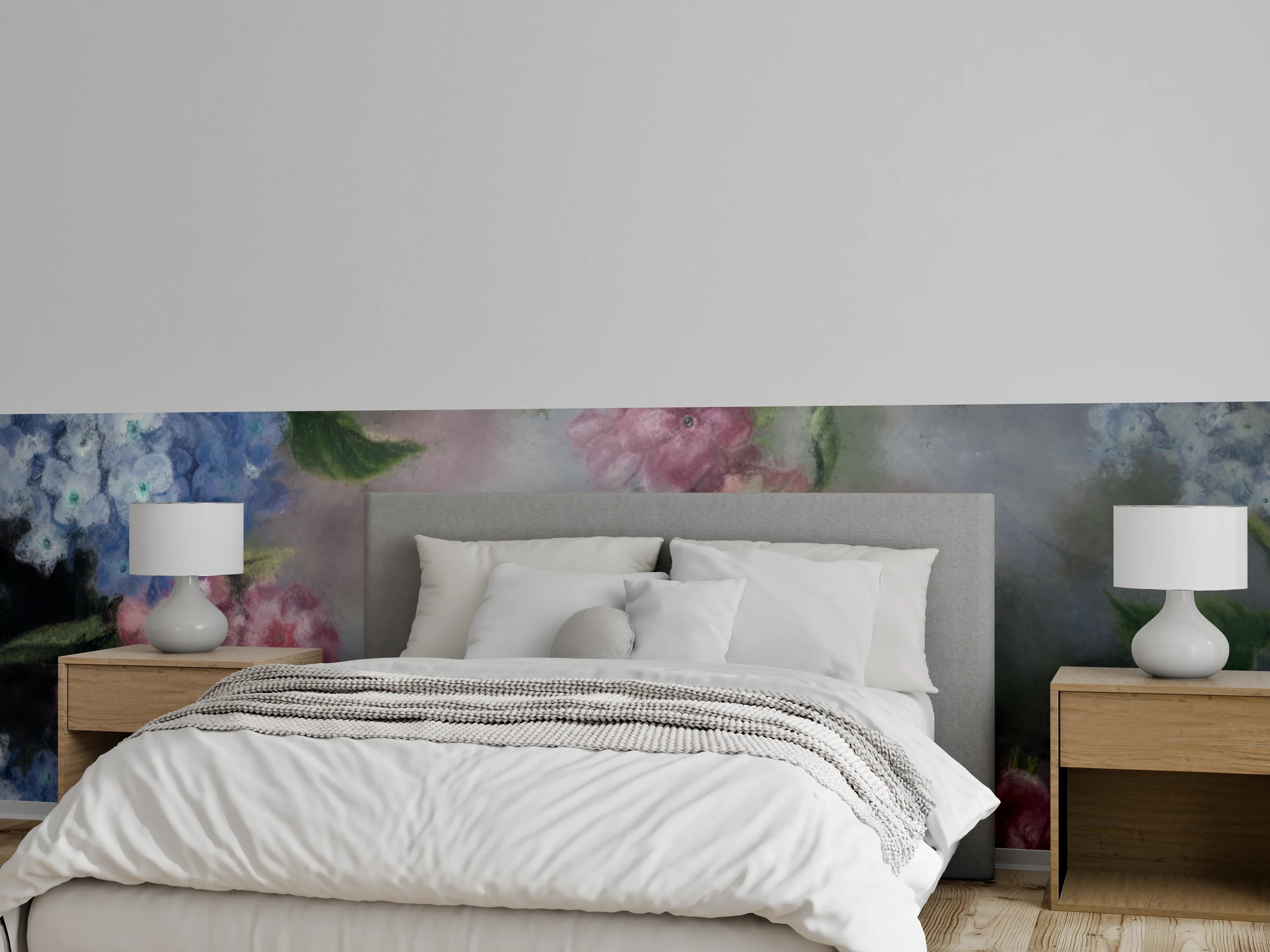 Wandverkleidung Schlafzimmer - Aquarell-Hortensien auf sanftem Hintergrund