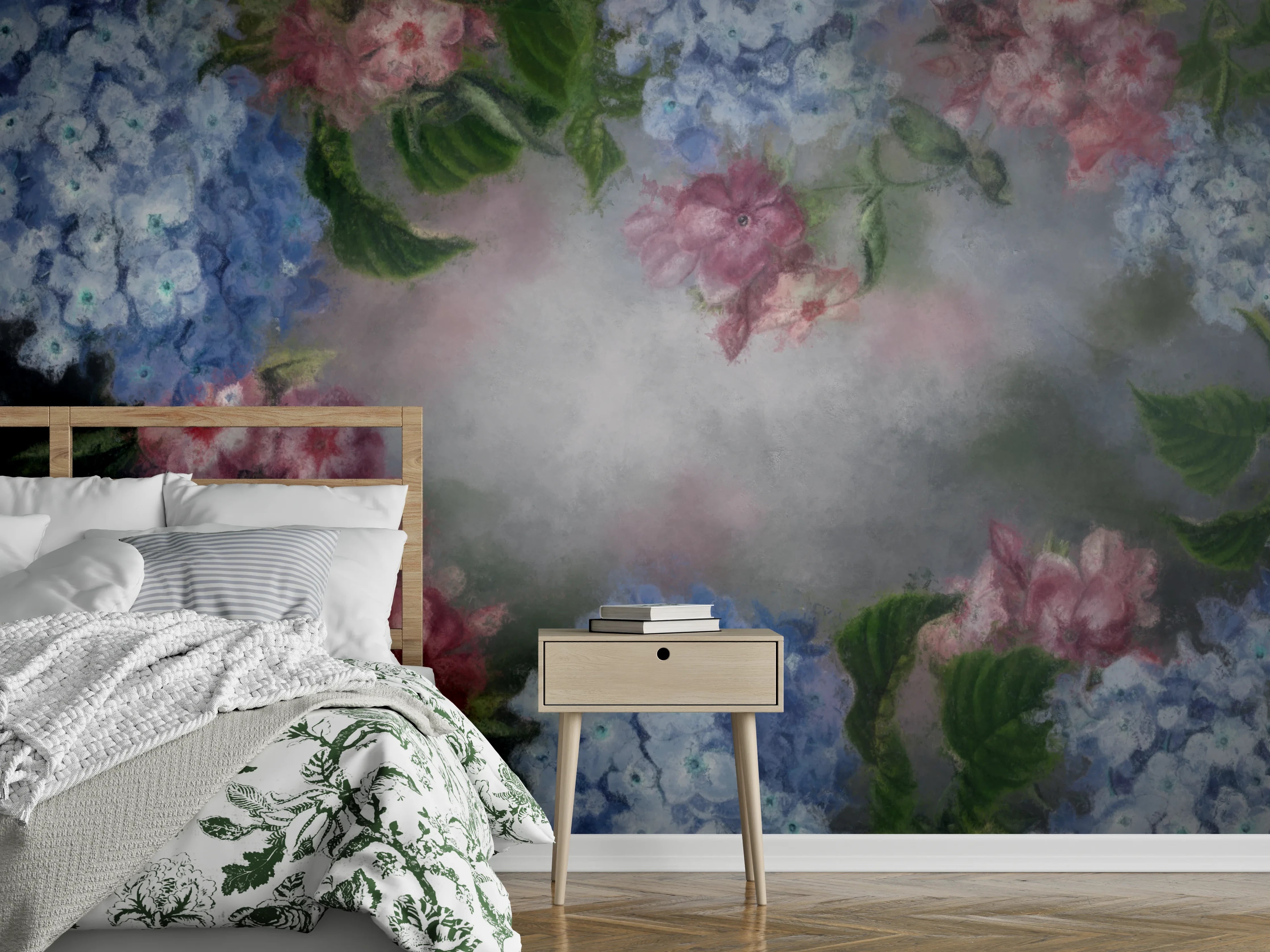 Wandverkleidung Schlafzimmer - Aquarell-Hortensien auf sanftem Hintergrund