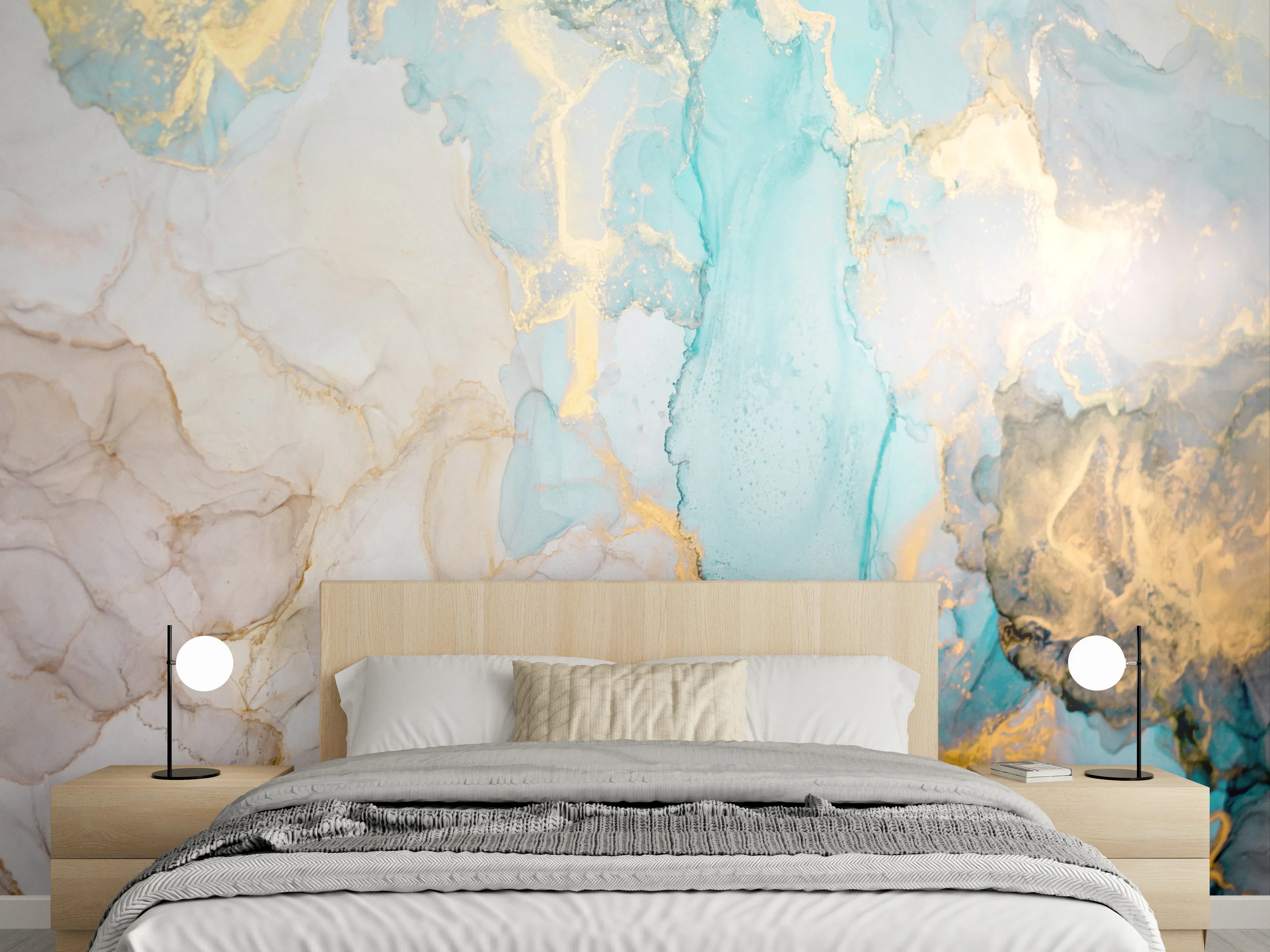 Wandverkleidung Schlafzimmer - Aquarell-Marmor in Türkis und Gold