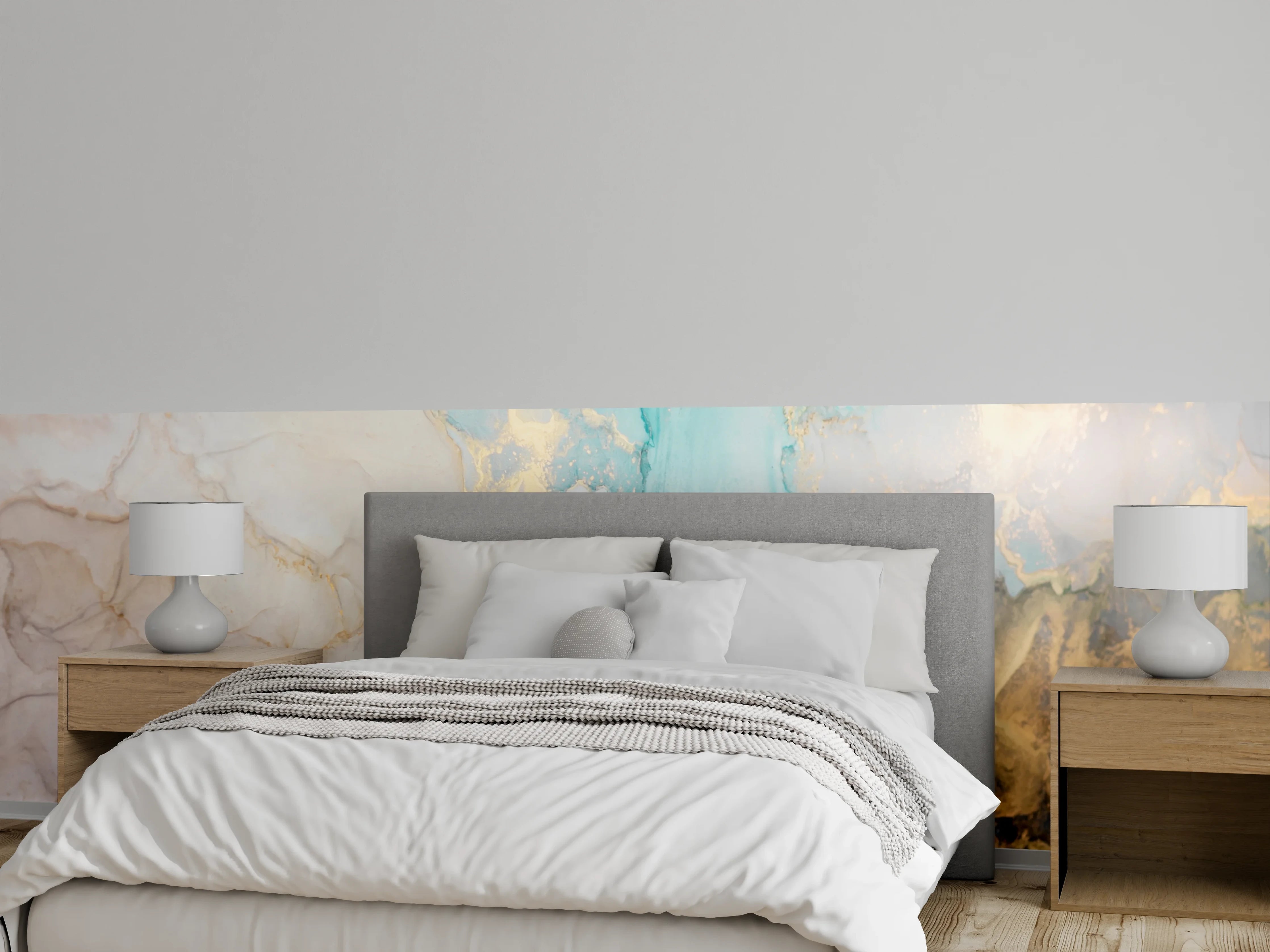 Wandverkleidung Schlafzimmer - Aquarell-Marmor in Türkis und Gold