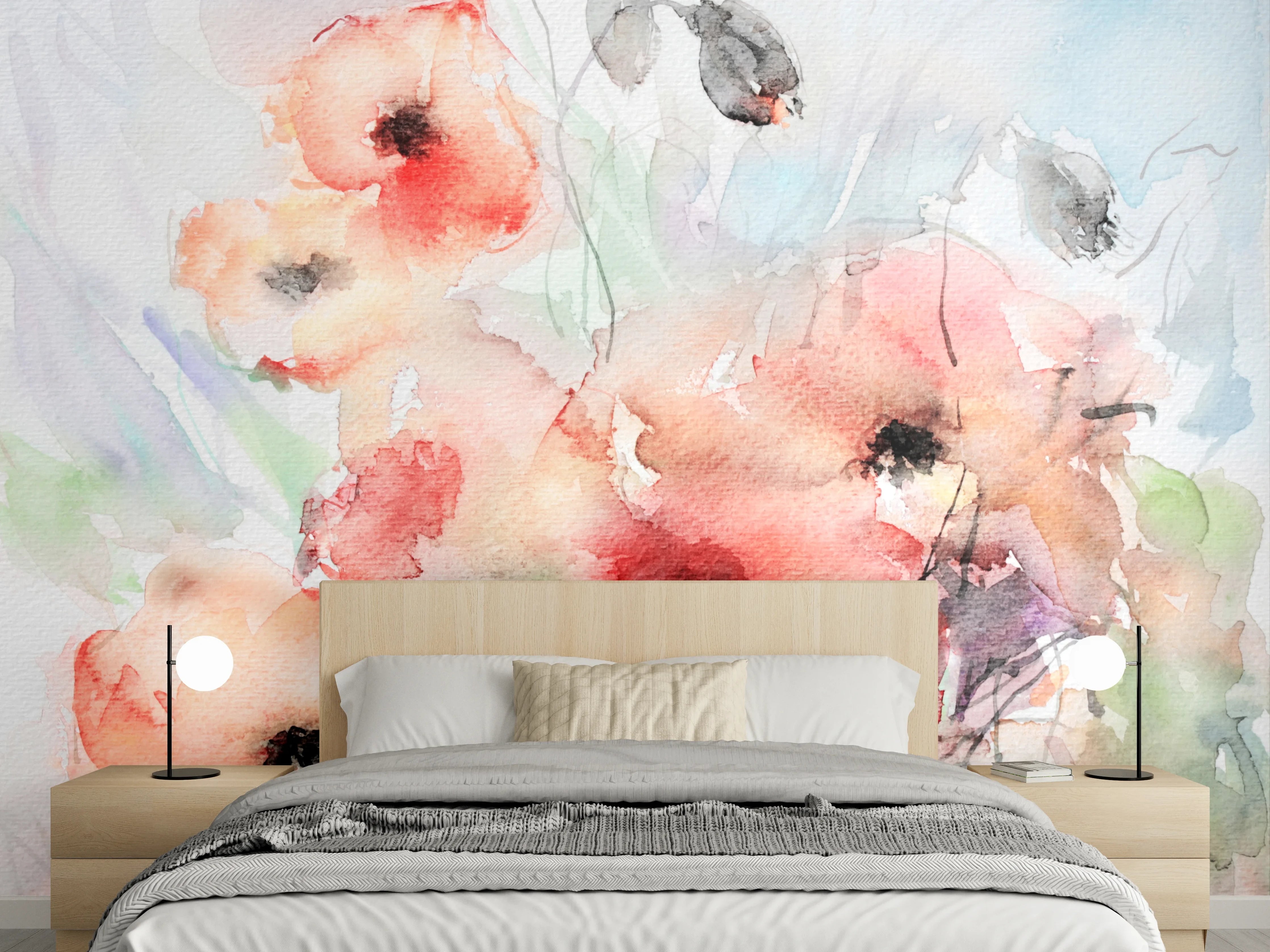 Wandverkleidung Schlafzimmer - Aquarell-Mohnblumen: Zarte Farbpoesie