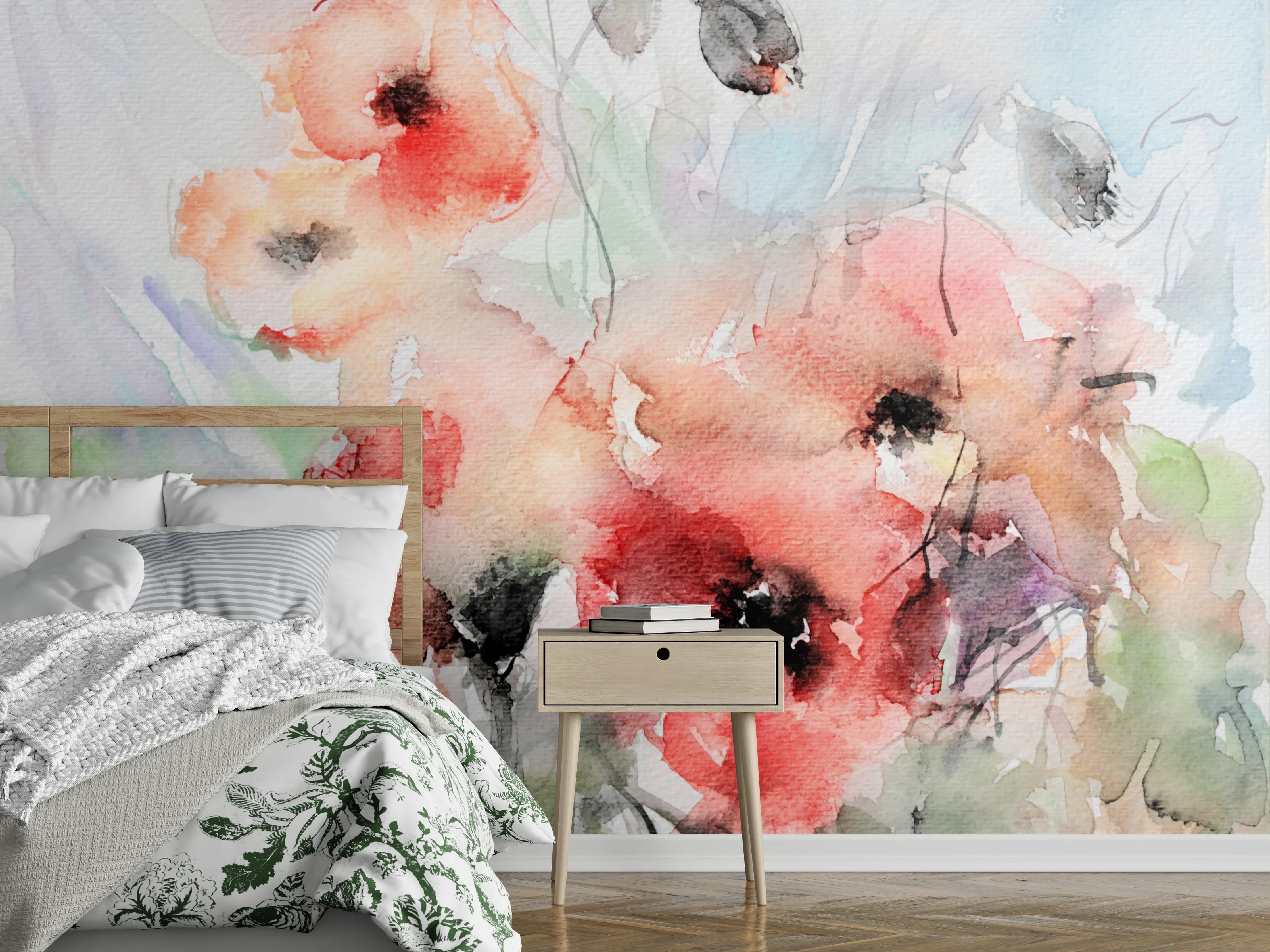 Wandverkleidung Schlafzimmer - Aquarell-Mohnblumen: Zarte Farbpoesie